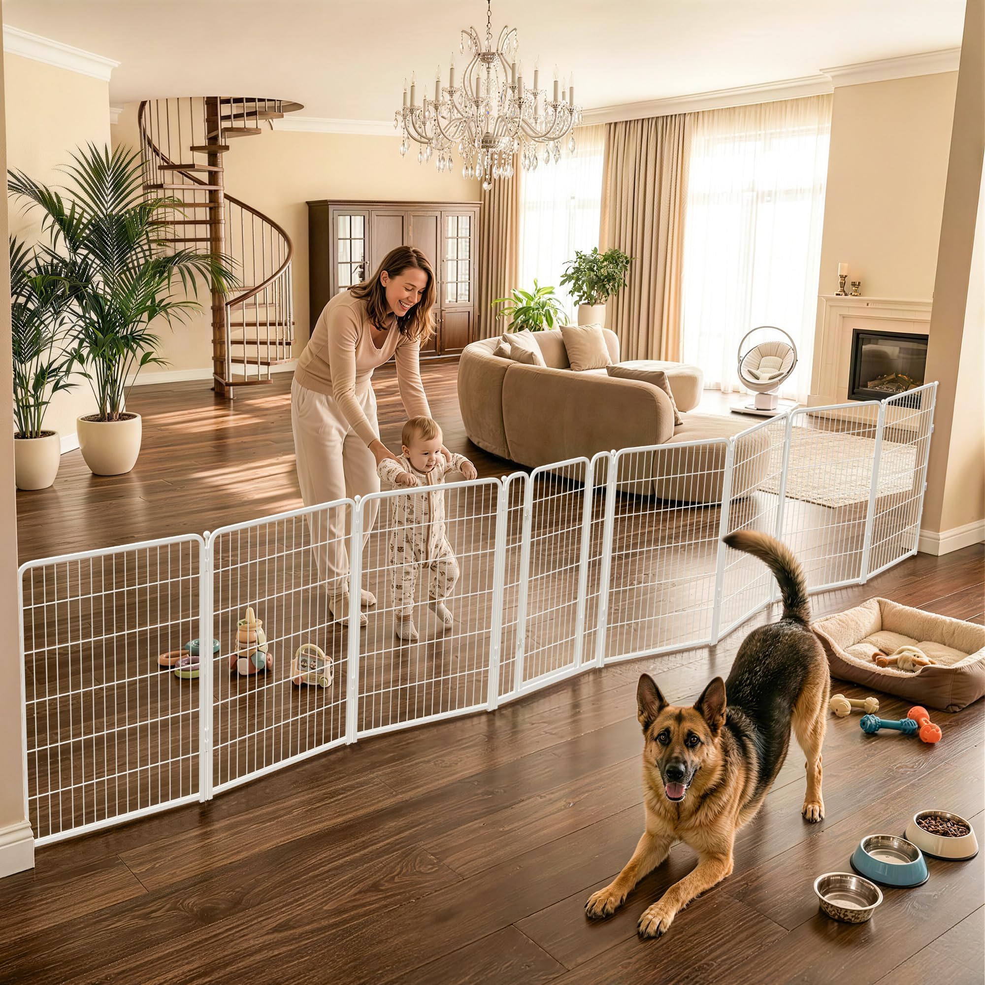 FXW Dog Gate Extra Wide Designed for Indoor Use, Adjustable Width Up to 219-inch Wide (45 H 8 Wire Panels for Large Dogs), White