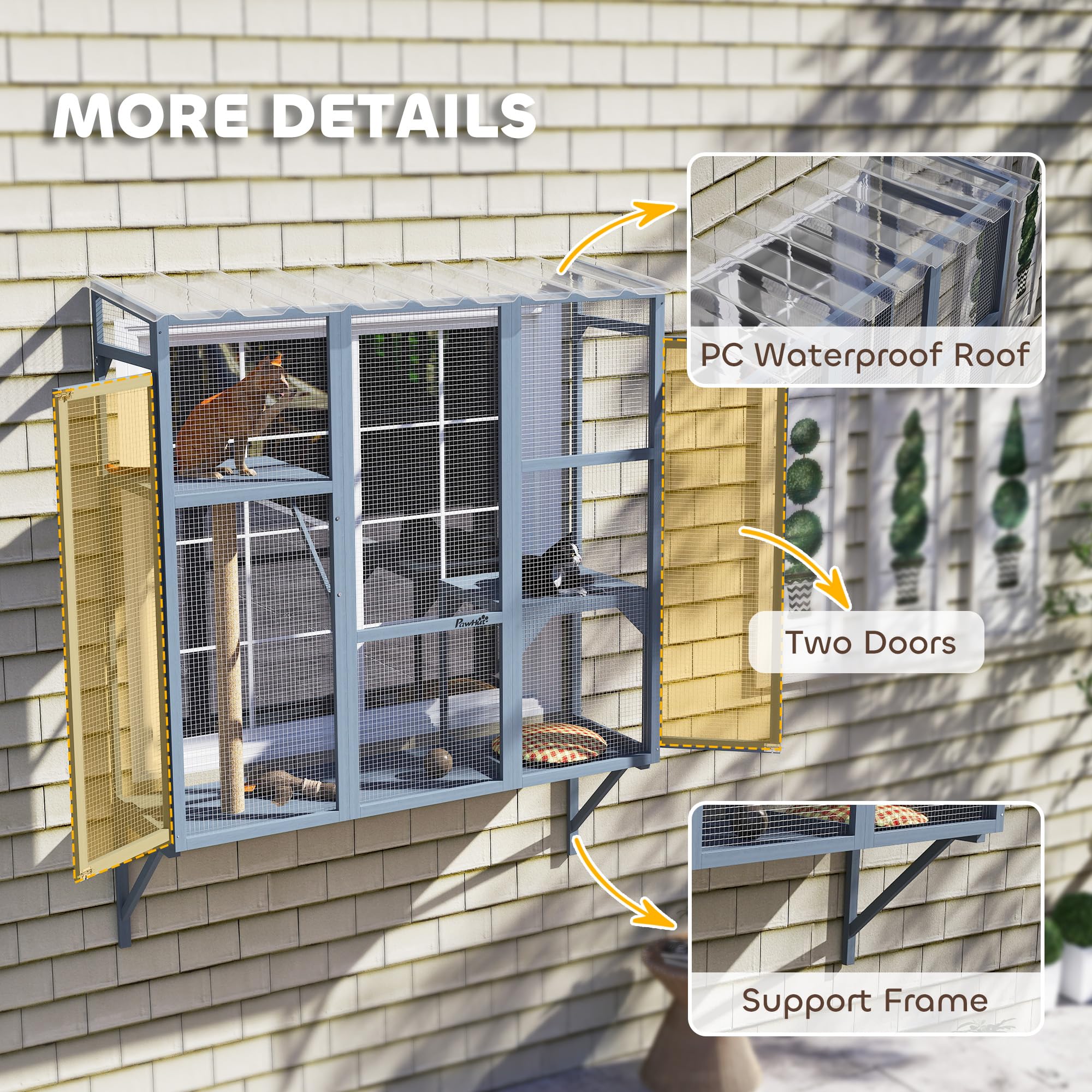 Pawhut Outdoor Catio, Cat Window Catio Box Enclosure For 2-3 Large Indoor Cats With 2 Jumping Platforms, Scratching Post, For Pl