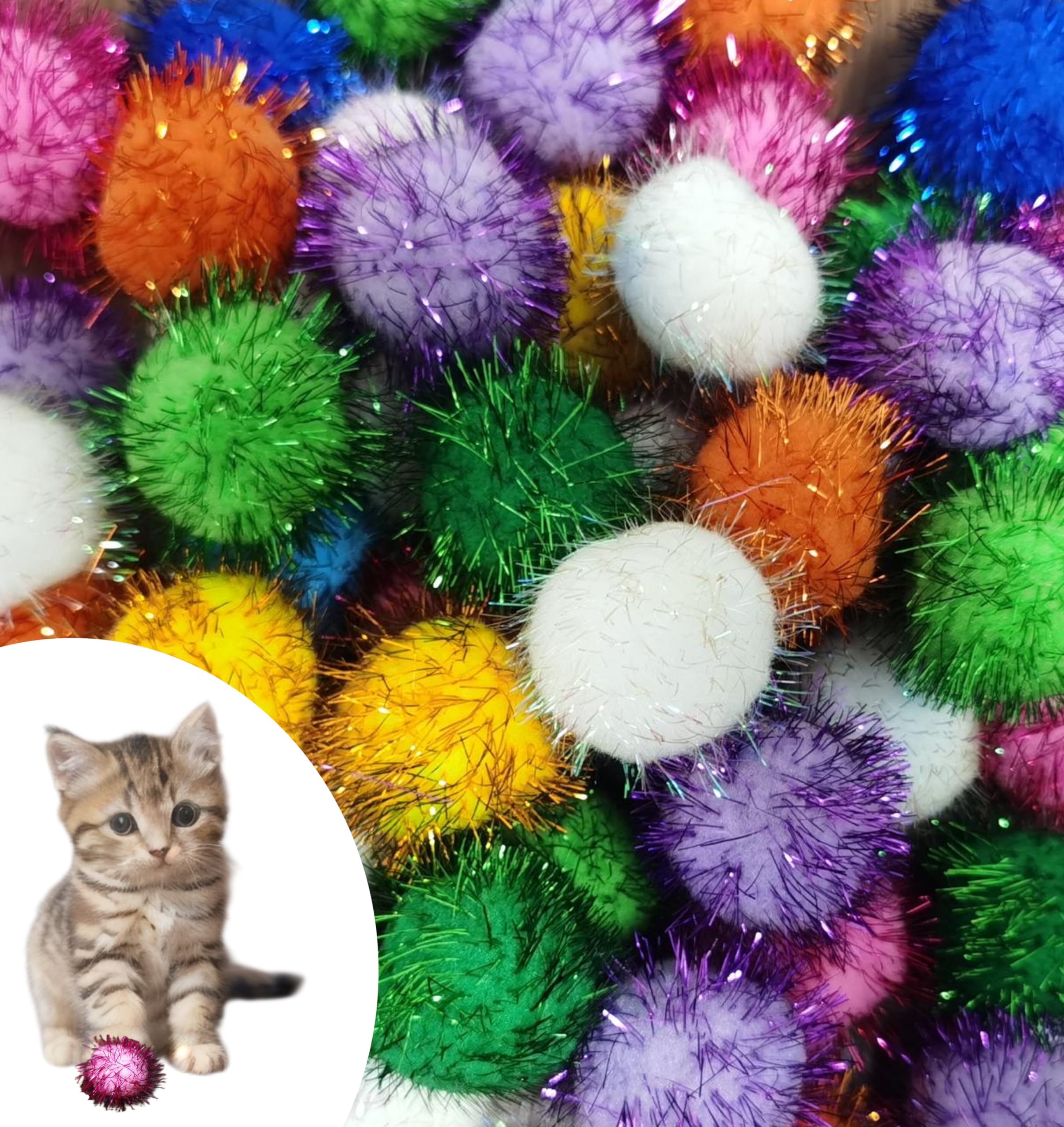 Yruizqmt 50 Pcs Cat Pom Pom Balls, 1.5 Inch Colorful Sparkle Ball Large For Cats, Cat Toy Balls With Tinsel Glittering Material,
