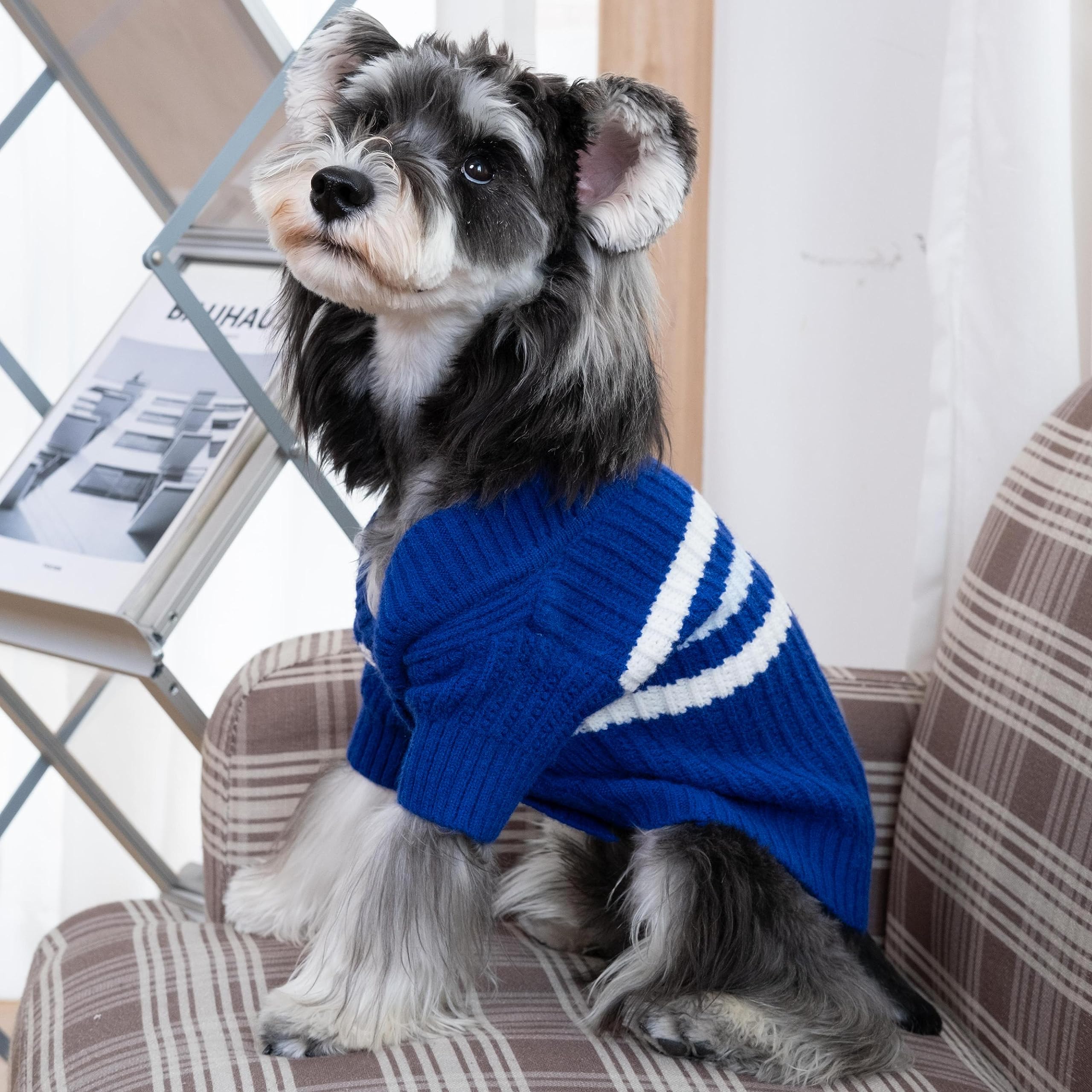Cutebone Cardigan Striped Knitted Dog Sweater, Arctic Fleece Thermal Dog Winter Clothes For Small Dogs Boy Girl, V-Neck Pet Coat