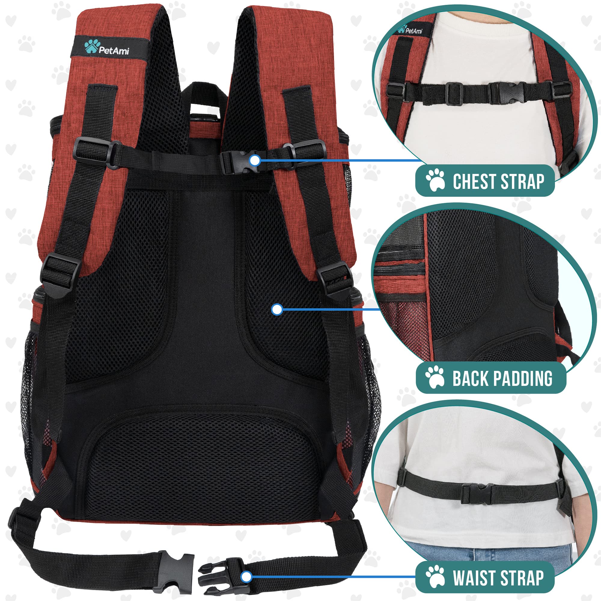 Petami Dog Backpack Carrier, Airline Approved Cat Backpacks For Carrying Small Large Cats, Pet Carrier Back Pack, Ventilated Soft Sided Dog Cat Bookbag For Travel, Hiking, Camping, Red