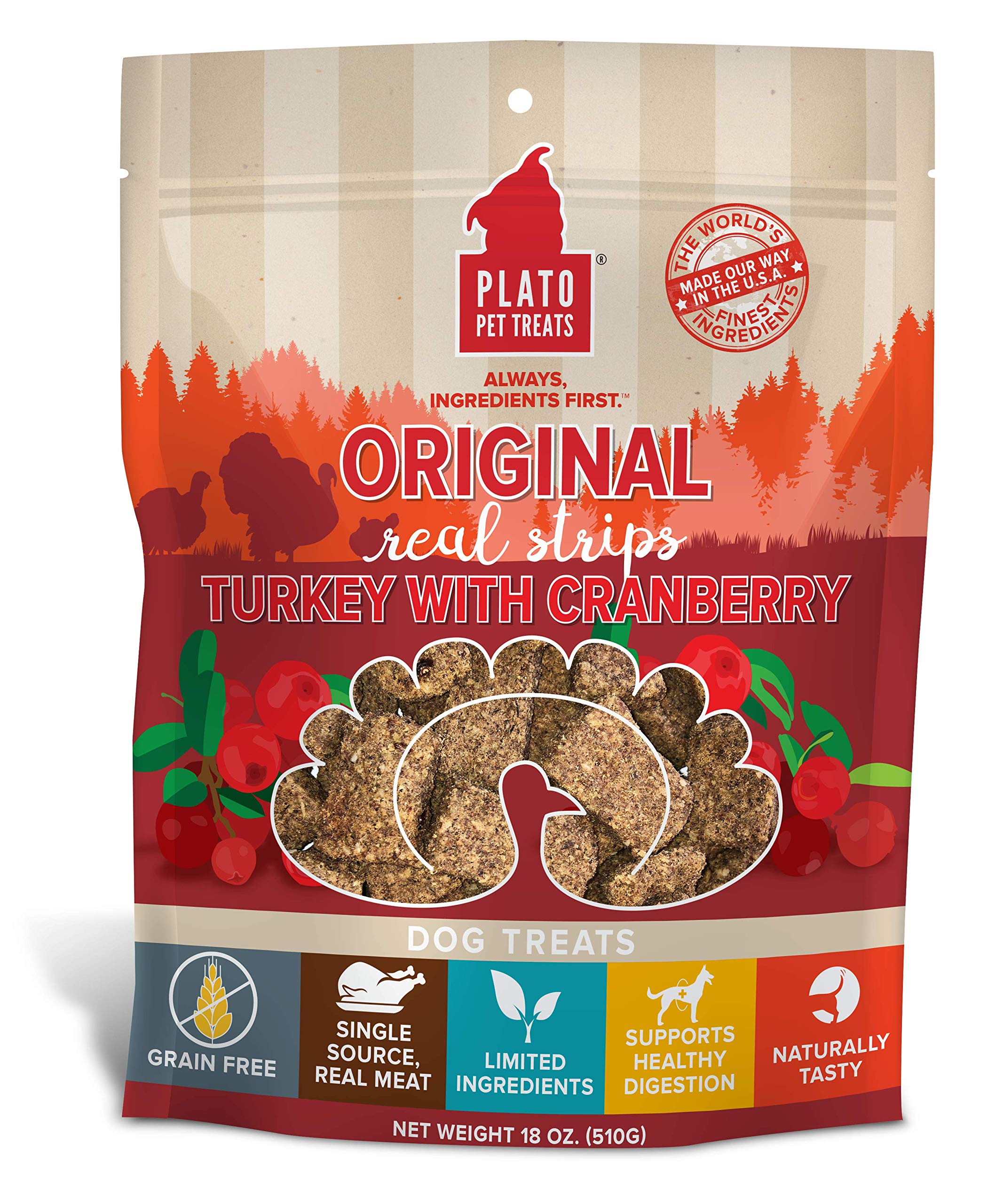 PLATO Turkey Real Strips Natural Dog Treats - Real Meat - Air Dried - Made in the USA - Turkey & Cranberry, 18 ounces
