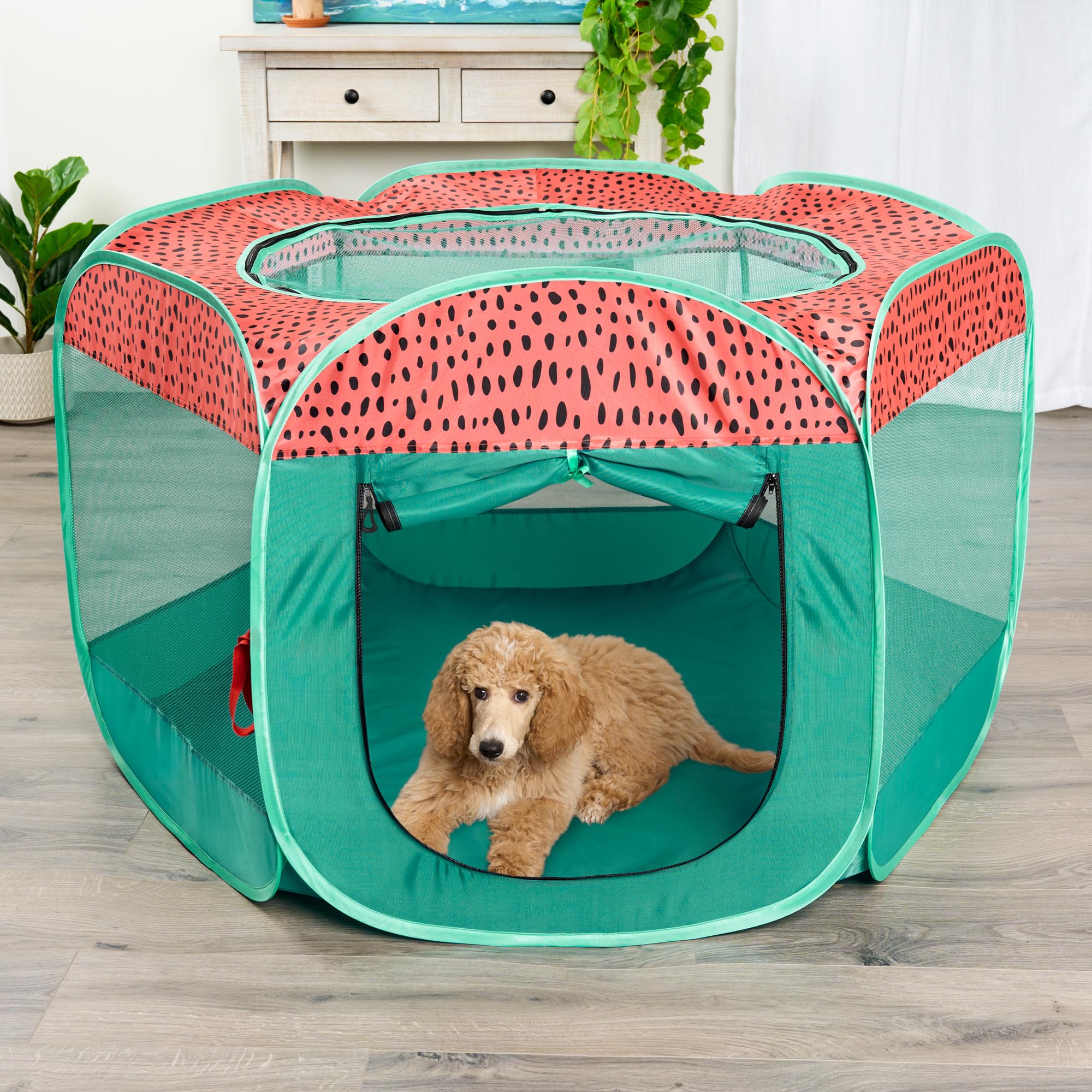 FurHaven Portable Pet Playpen for Dogs & Cats, X-Large, Foldable, Mesh Sides, Green & Pink, Model 87567682