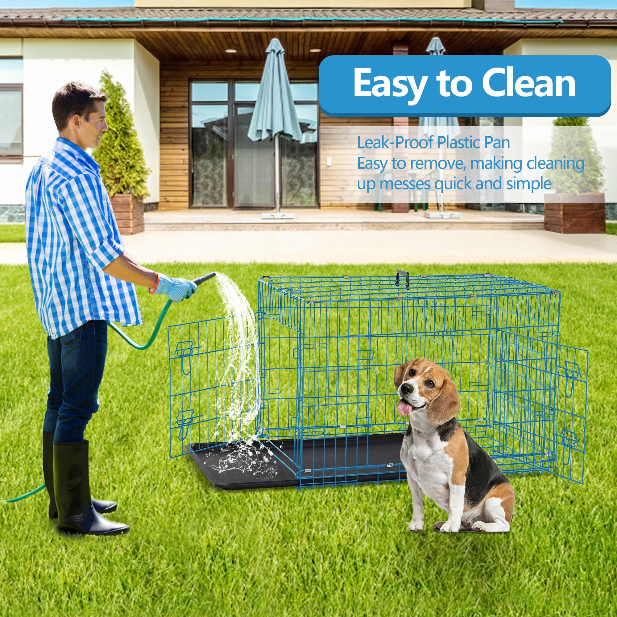 Biqwbic Medium Dog Crate, 30 Inch, Blue, Heavy Duty Steel Wire Folding Dog Cage With Removable Trays, Double-Door, Divider Panel