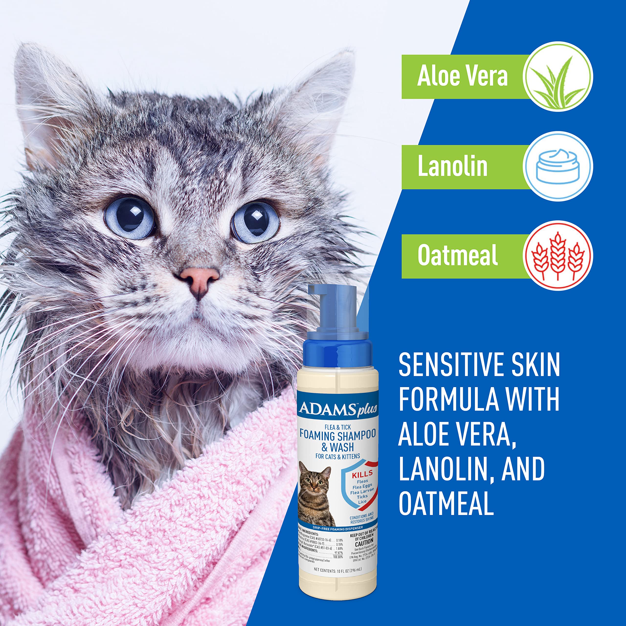 Adams Plus Flea & Tick Foaming Shampoo & Wash for Cats & Kittens Over 12 Weeks | Sensitive Skin Flea Treatment for Cats and Kitt