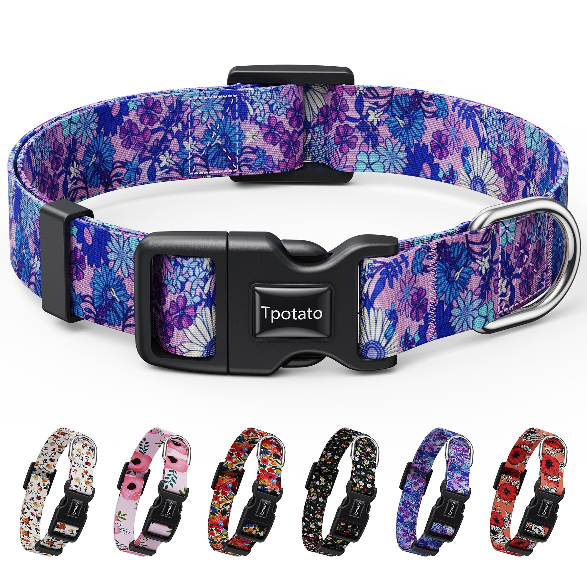 Tpotato Reflective Combination Pattern Girl Dog Collar for Puppy Small Medium Large Breed Dogs,Female Cute Floral Designer Dog C