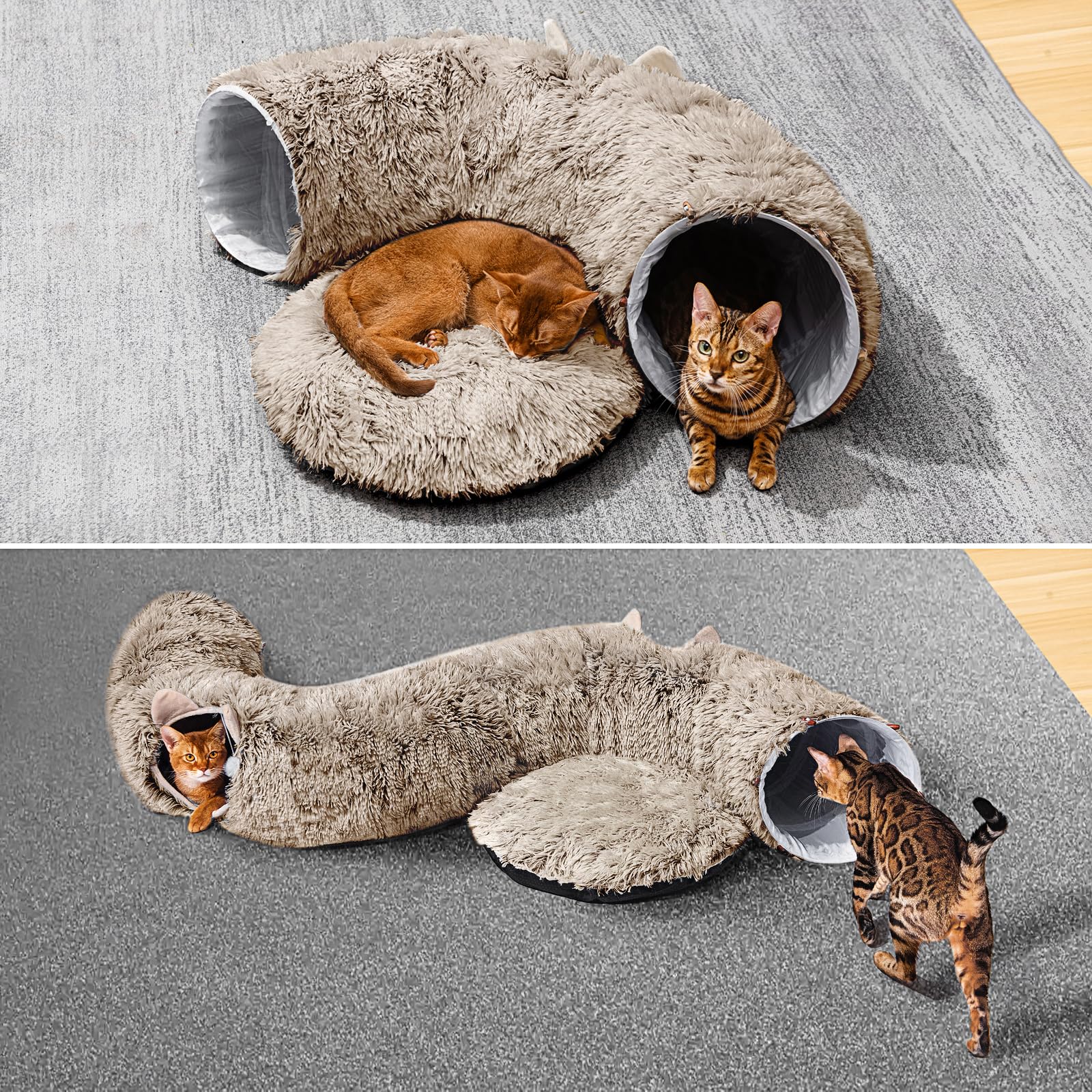 Cat Tunnel With Cat Bed For Indoor Cats, Soft Plush Peekaboo Cat Cave Donut Tunnel, Multifunctional Playground Toys Hideplace For Small Medium Large Kittens, Rabbit, Ferret, Brown