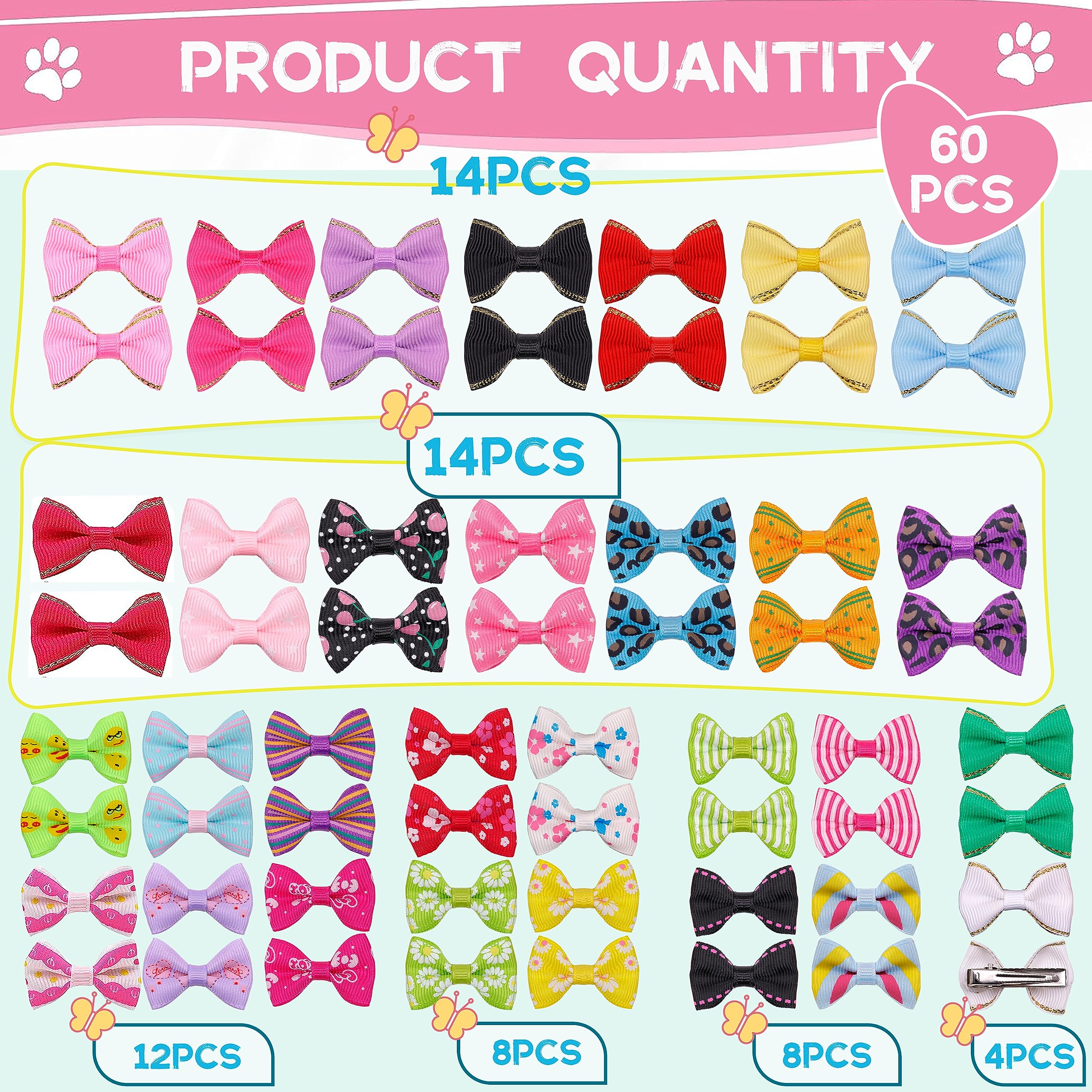 Yaka 60Pcs (30 Paris) Cute Puppy Dog Small Bowknot Hair Bows With Metal Clips Handmade Hair Accessories Bow Pet Grooming Products (60 Pcs,Cute Patterns)