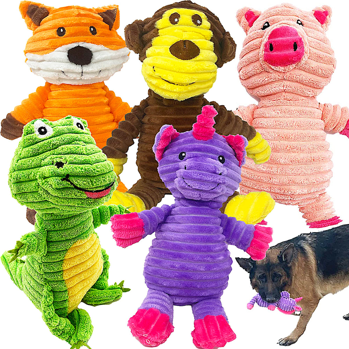 Jalousie 5 Pack Plush Toys Assortment Value Bundle Puppy Pet Mutt Squeak Toy For Medium Large Dogs