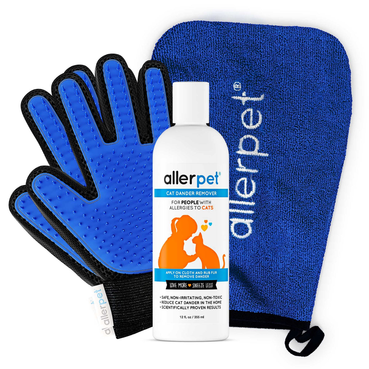 Allerpet Cat Dander Remover W/Free Pair Of Grooming Gloves And Mitt - Effective Cat Dander Reduction, Anti Allergen Solution Made In Usa - (12Oz)