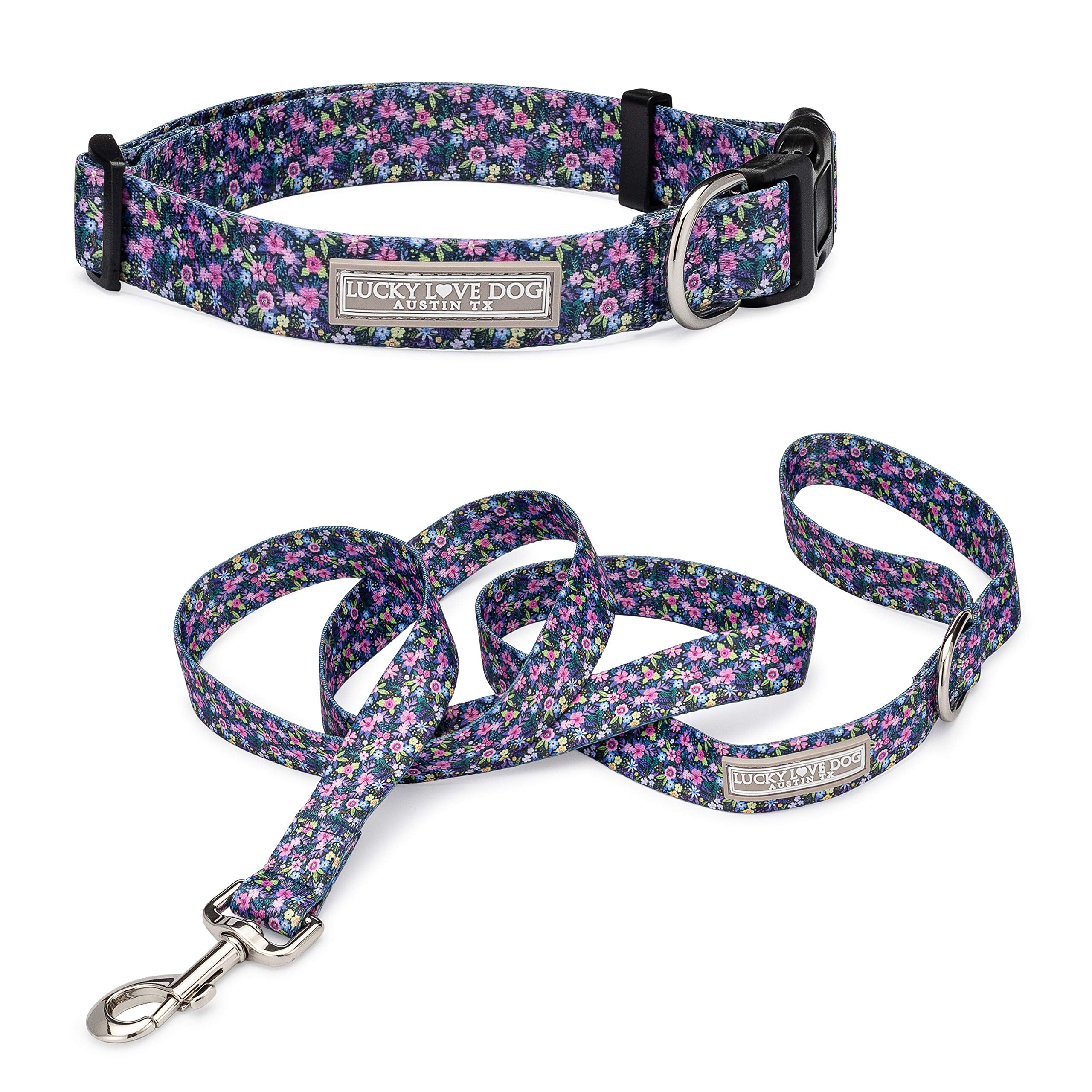 Lucky Love Dog, Matching Dog Collar & Leash Set For Female Dogs, Soft, Adjustable, Safe For Training And Walking, Black & Purple