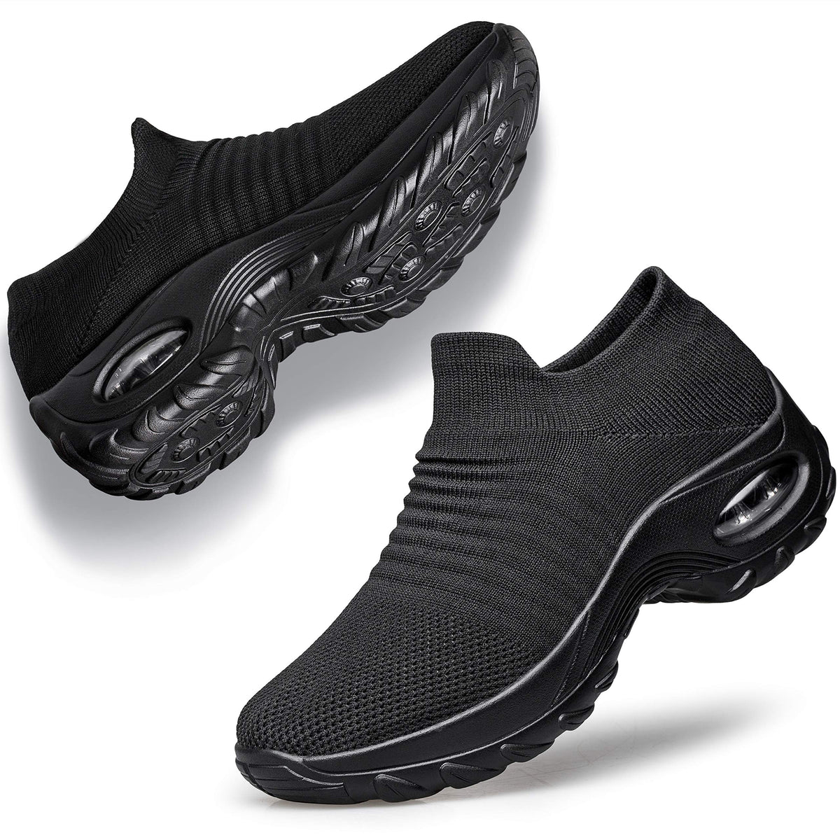 Yhoon Womens Walking Shoes - Sock Sneakers Slip On Mesh Platform Air Cushion Athletic Shoes Work Nurse Comfortable Black 8