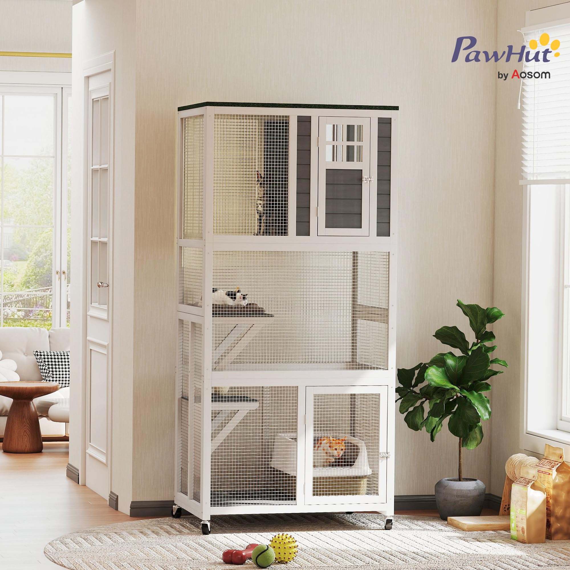 PawHut 74 Wooden Catio Outdoor Cat House Weatherproof & Wheeled, Outside Cat Enclosure with High Weight Capacity, Kitten Cage Co