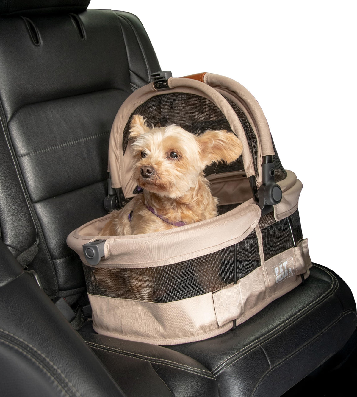 Pet Gear No-Zip View 360 Ultra Lite Pet Safety Carrier & Car Seat For Small Dogs & Cats Push Button Entry, 15'', Sand,View 360 U