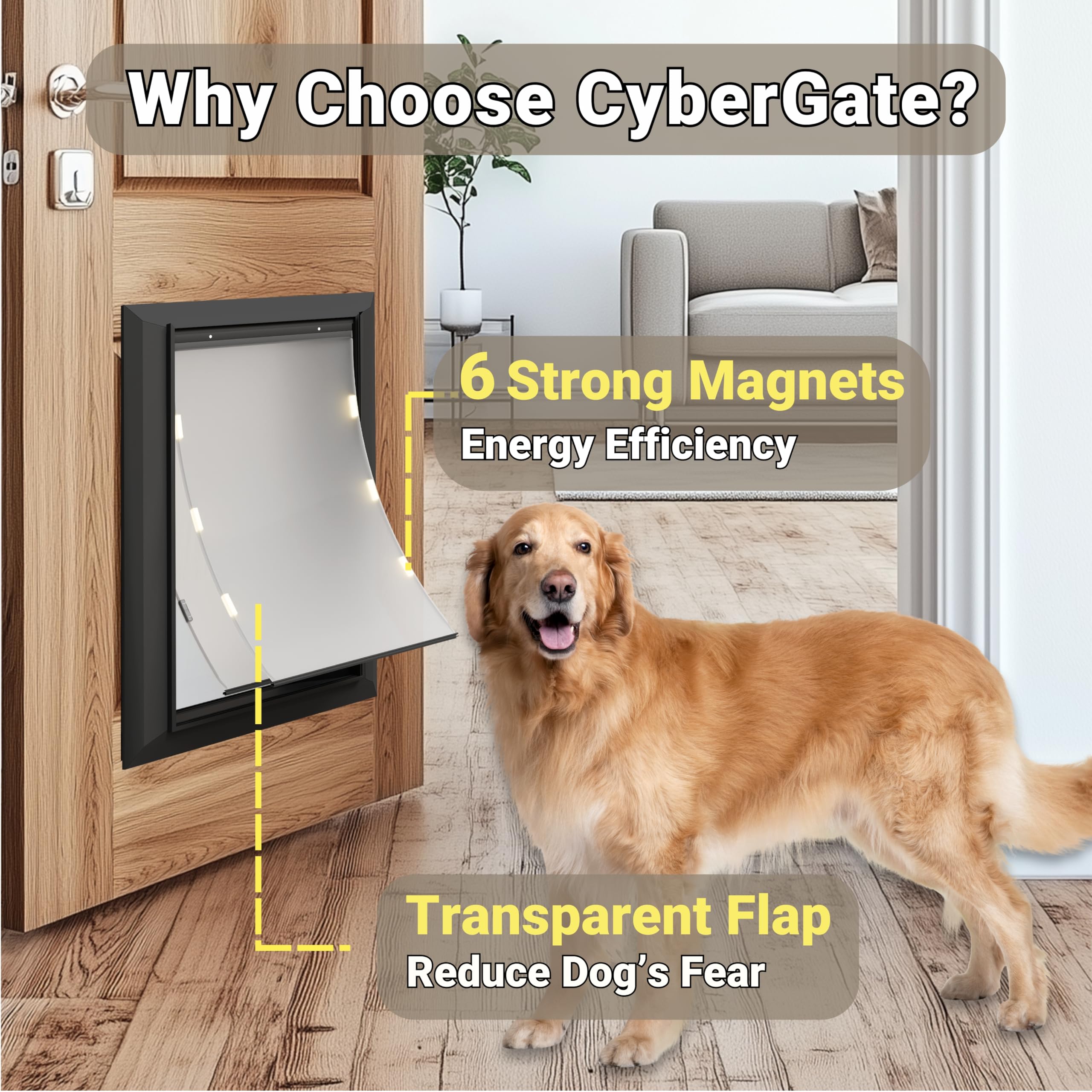 CYBERGATE X-Large Aluminum Dog Door - Heavy Duty Magnetic Double Flap, Lockable, Black, Easy to Assemble, 14.5"W x 25.125"H