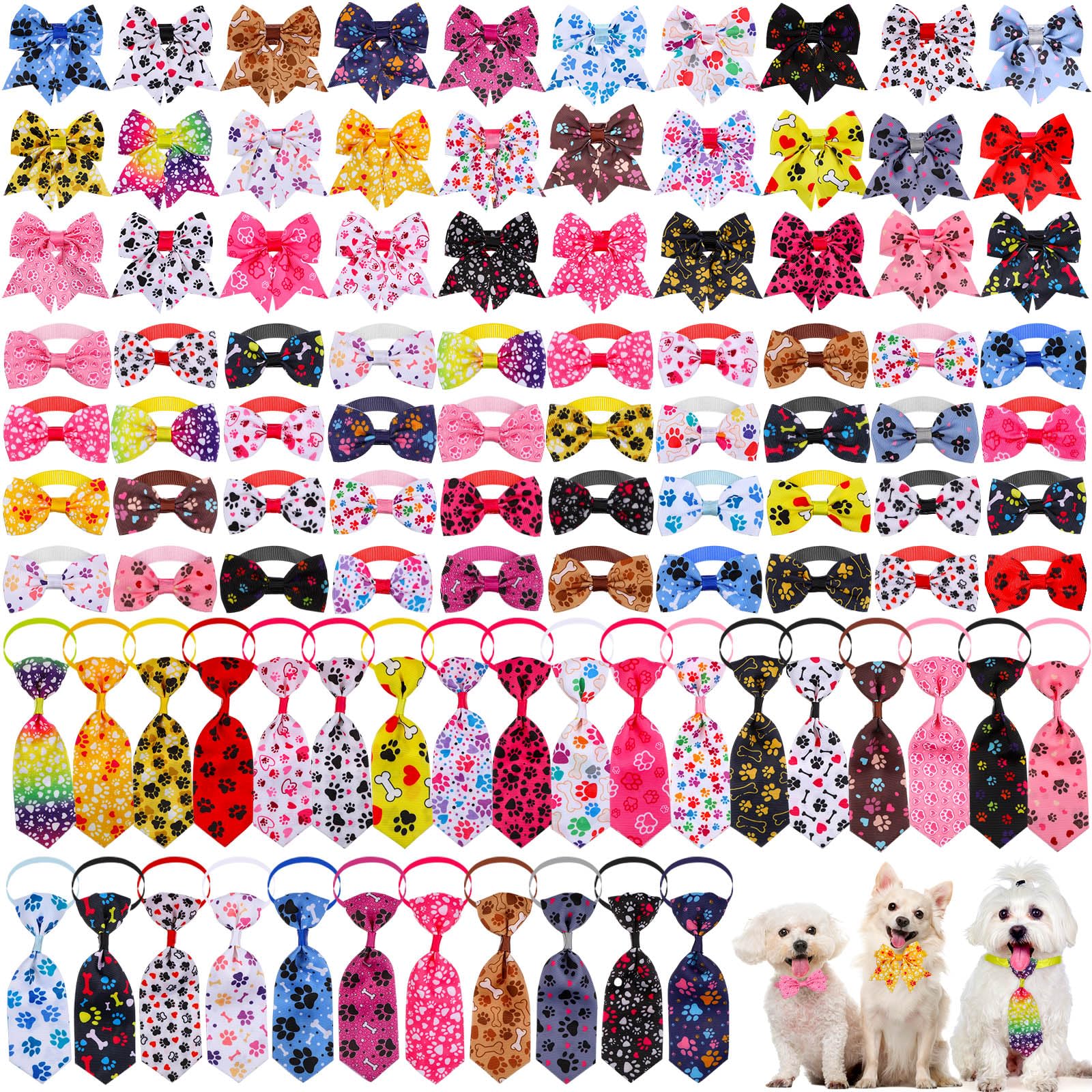 Reginary 100 Pieces Dog Bow Tie Collar Set Include 40 Dog Neckties, and 30 Puppy Bowties, 30 Collar Flowers, Adjustable Pet Ties