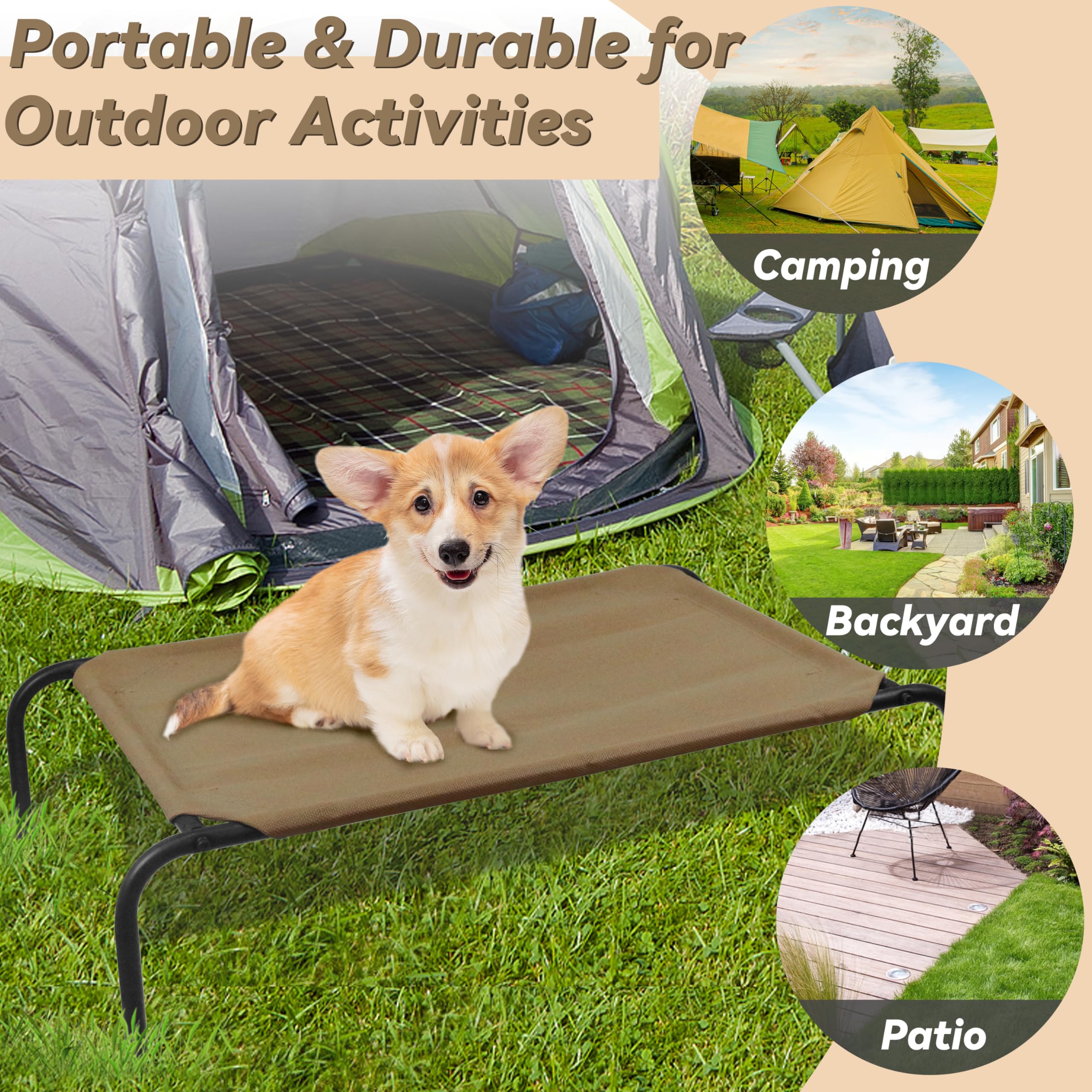 Phyex Heavy Duty Steel-Framed Portable Elevated Pet Bed, Elevated Cooling Pet Cot, 33' L X 19' W X 7.5' H(S, Brown)