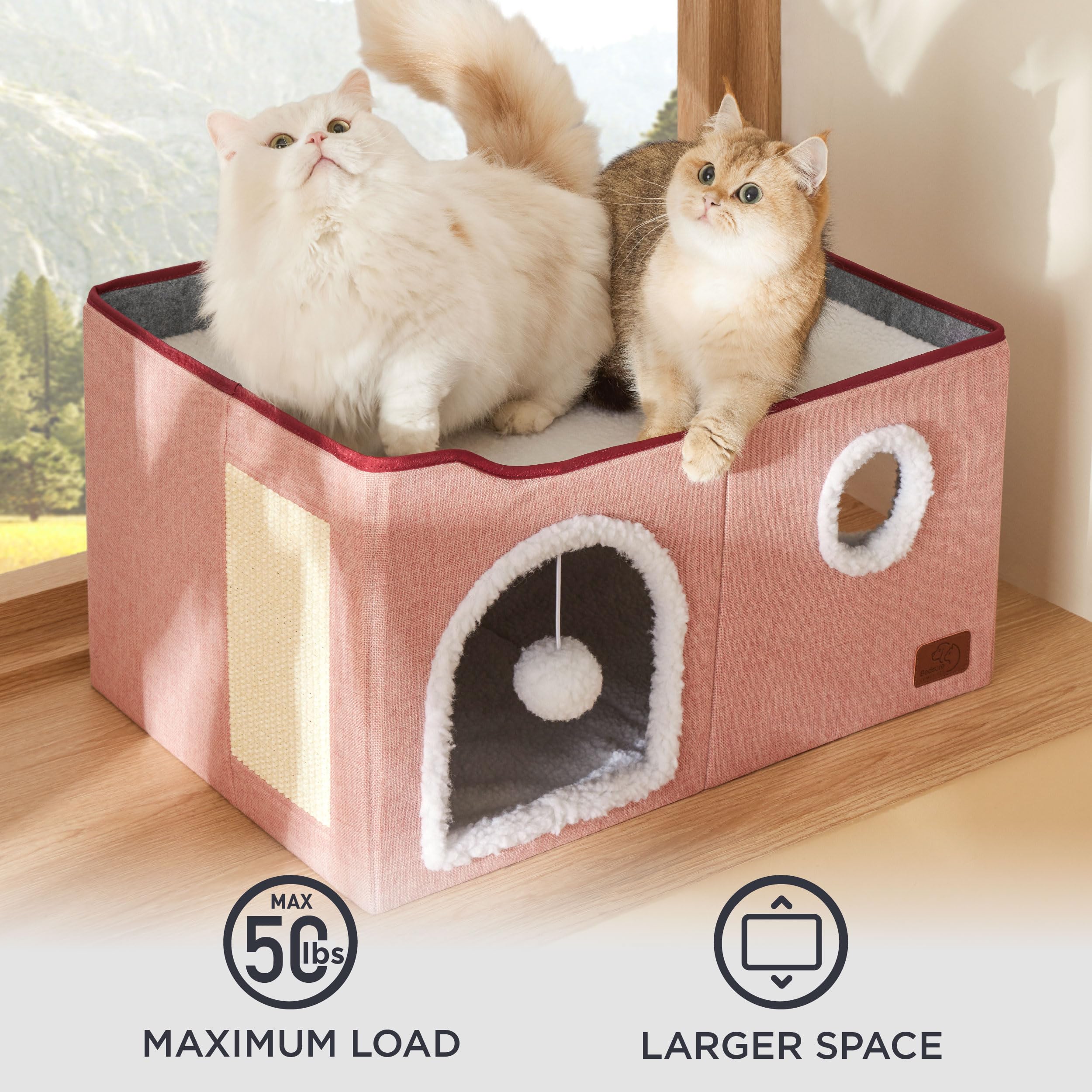 Bedsure Large Cat Beds For Indoor Cats - Extra Wide Cat Cube House For Small Pet With Fluffy Ball Hanging And Scratch Pad, Folda