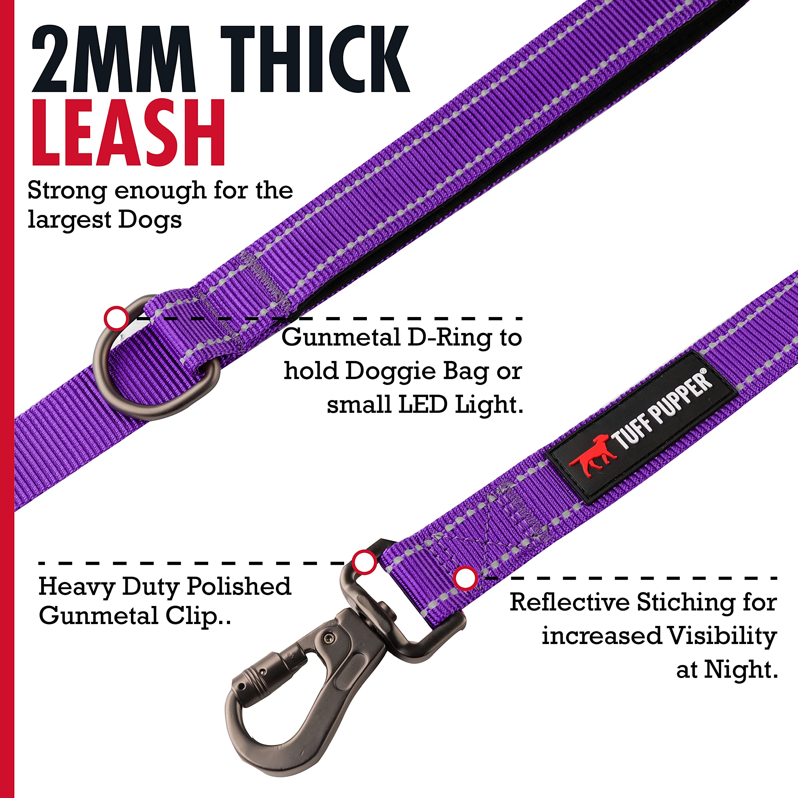 Tuff Pupper Heavy Duty Double Handle Leash | Twist Locking Carabiner Clip | Safety Lock For Strong Dogs | Reflective For Safe Ni