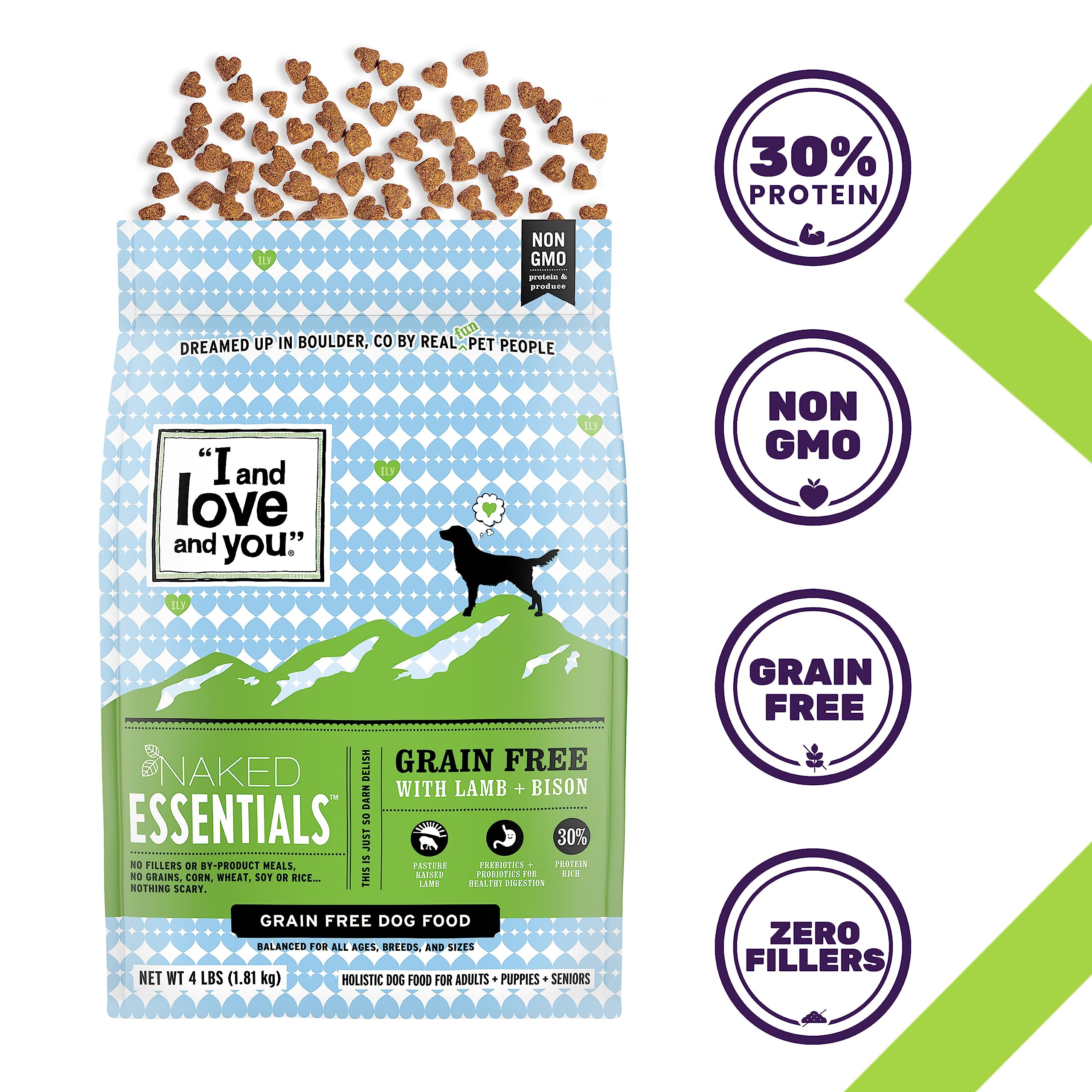 I and love and you Naked Essentials Dry Dog Food, Lamb + Bison, High Protein, 4lb Bag