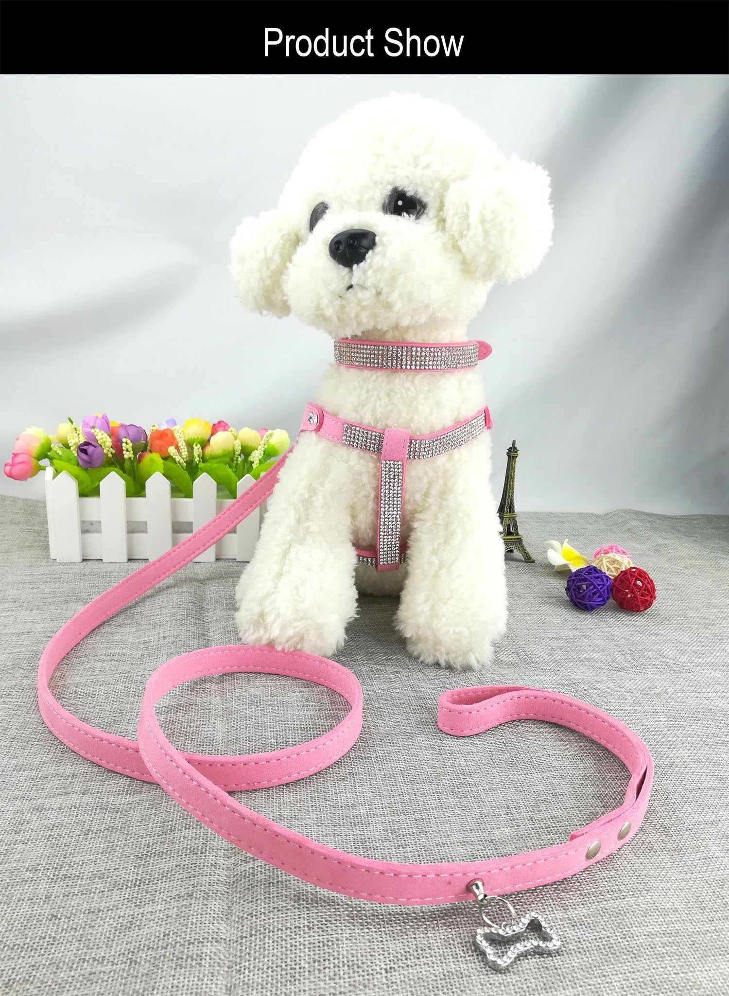 Newtensina Dog Collars & Harness & Lead Sets Fashion Dog Collar Diamante With Harness & Leashes Comfortable Soft Collar Harness And Leashes Set For Dog - Pink - S