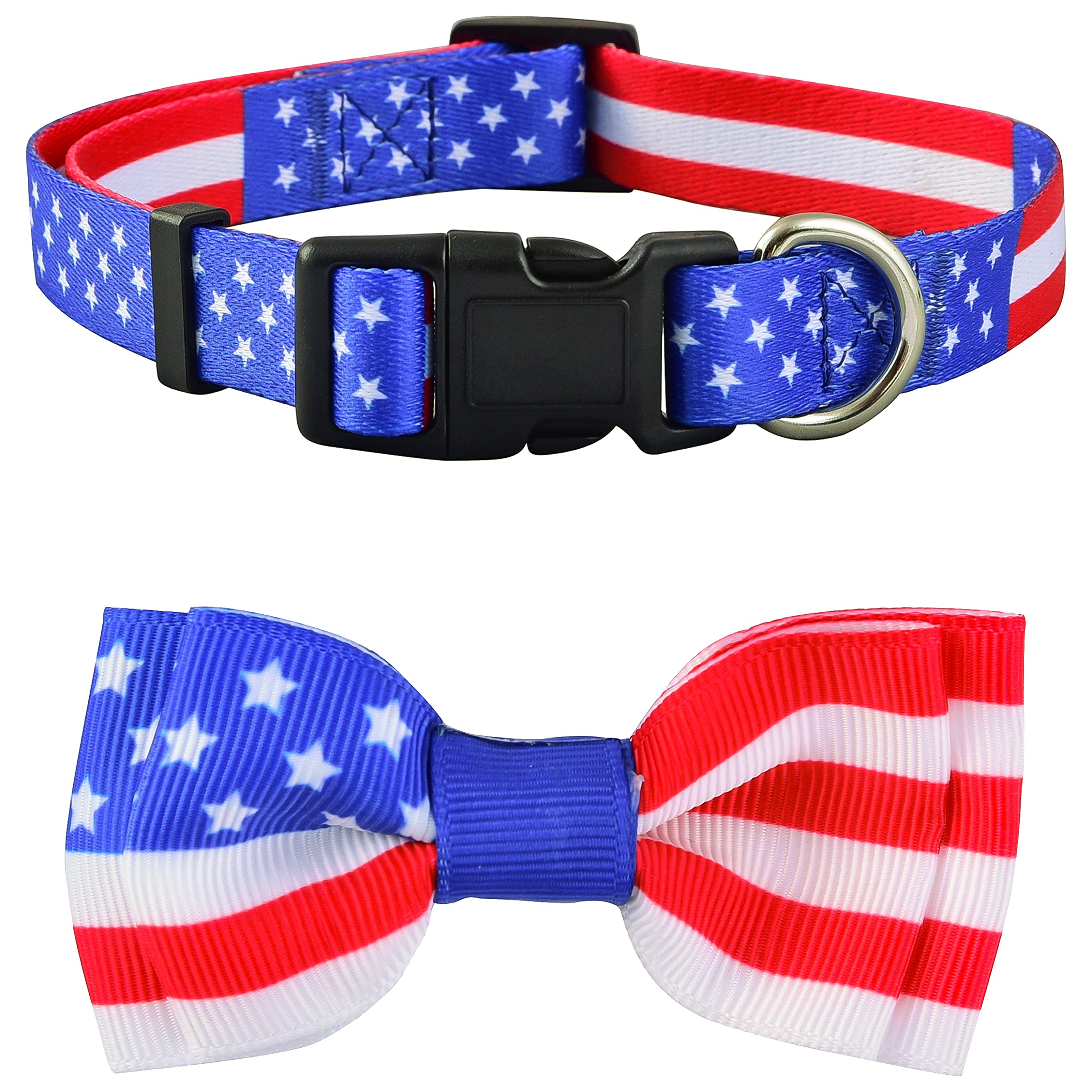 American Flag Dog Collar With Bowtie, 4Th Of July Usa Large, Medium And Small Dogs (Medium, American Flag)