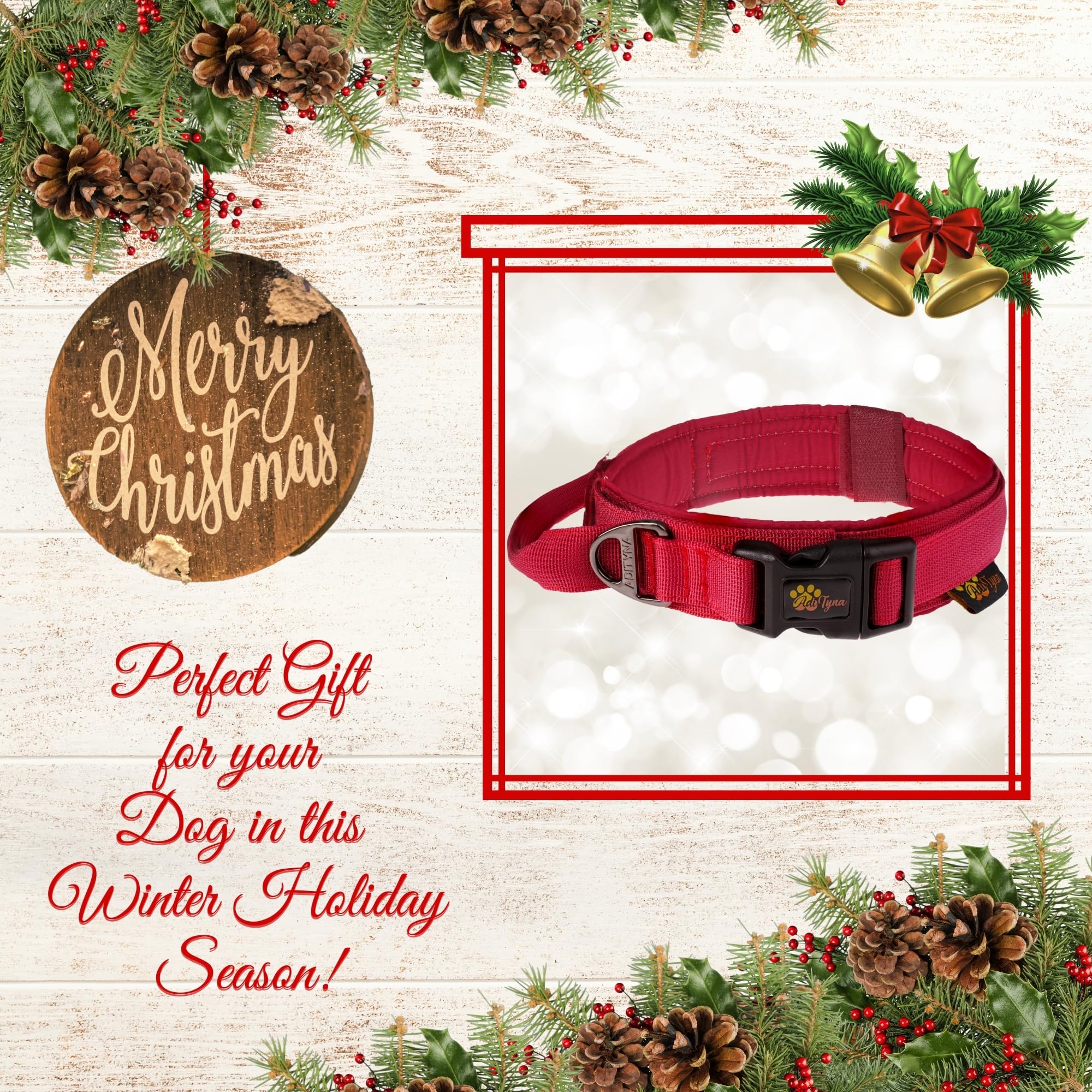 Adityna - Tactical Dog Collar For Large Dogs - Soft Padded, Heavy Duty, Adjustable Burgundy Dog Collar With Handle For Training