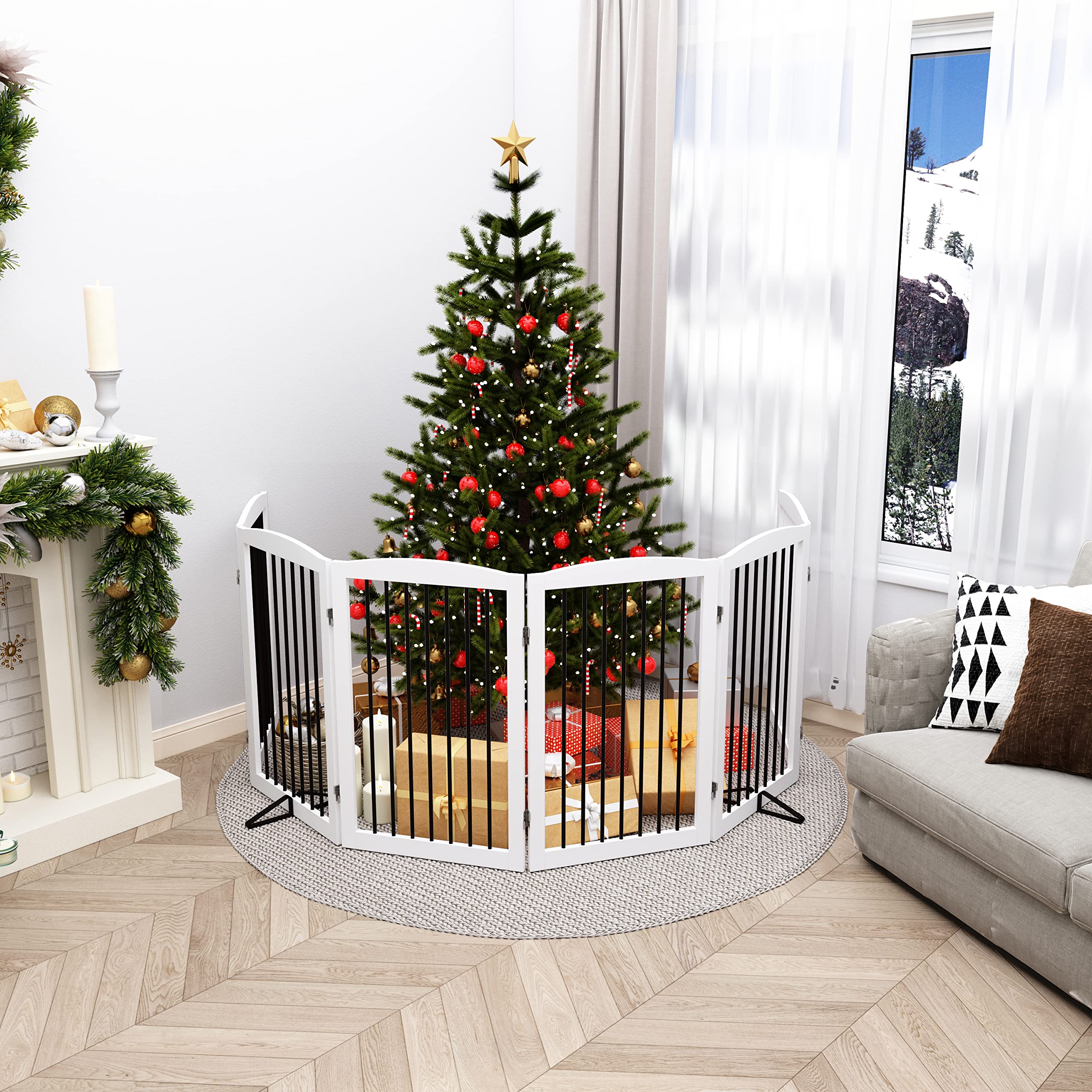 Pupetpo Freestanding Pet Gate For Dogs, Indoor Wooden Dog Gate For House, Extra Wide Dog Gate, Foldable Dog Gate For Stairs, Doorways, Halls, Support Feet Included, 120 Inch Wide, 6 Panels 32', White