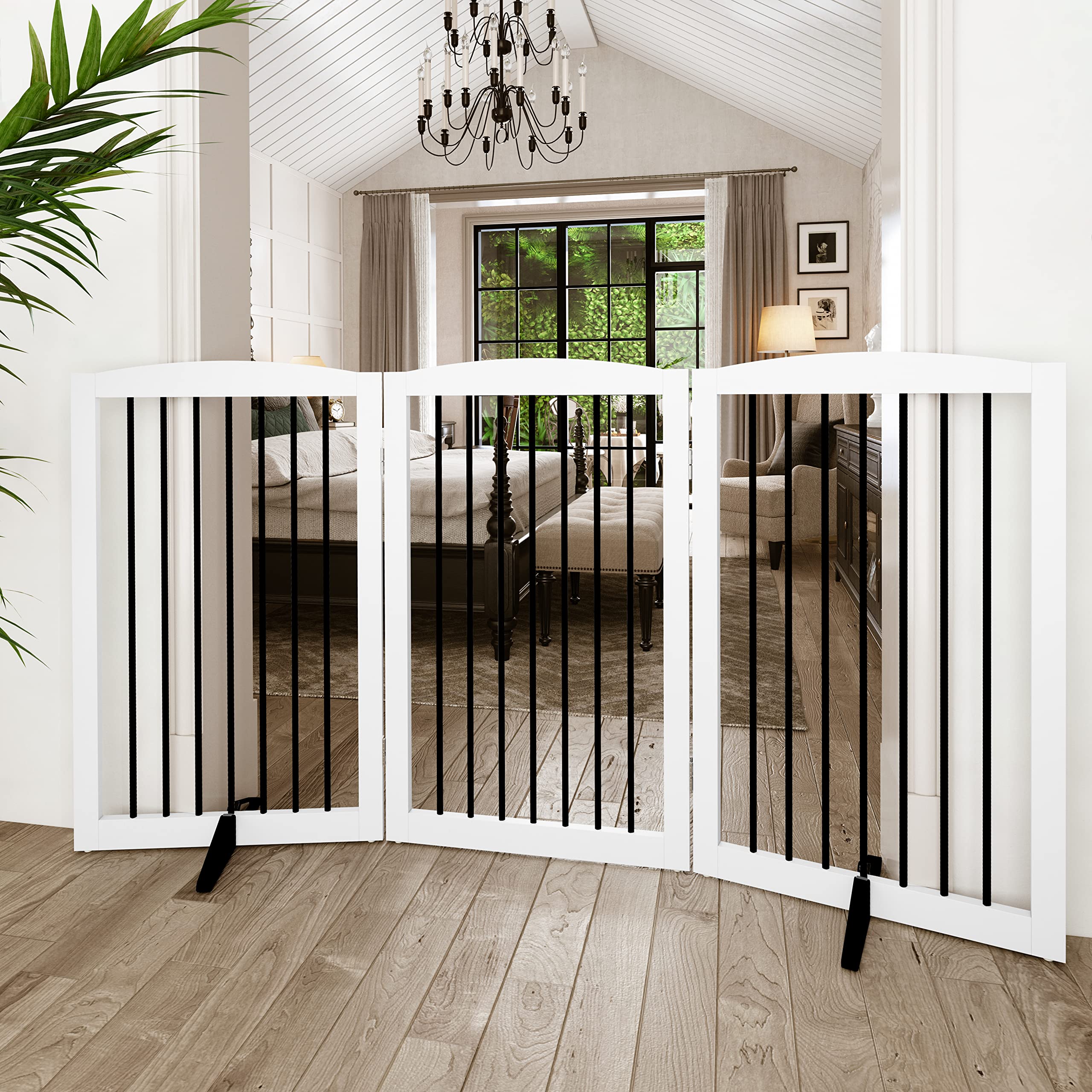 PUPETPO Freestanding Pet Gate for Dogs, Foldable Wooden Dog Gate for House Indoor, Tall Pet Fence for Stair, Doorway,Hall, Suppo