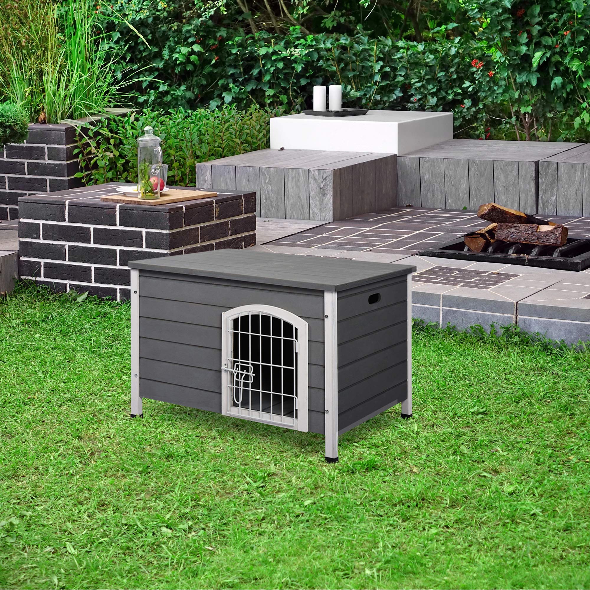 Pawhut Wooden Dog Kennel Crate Pet House Wire Door Openable Top Removable Bottom Grey 80 X 55 X 53.5Cm