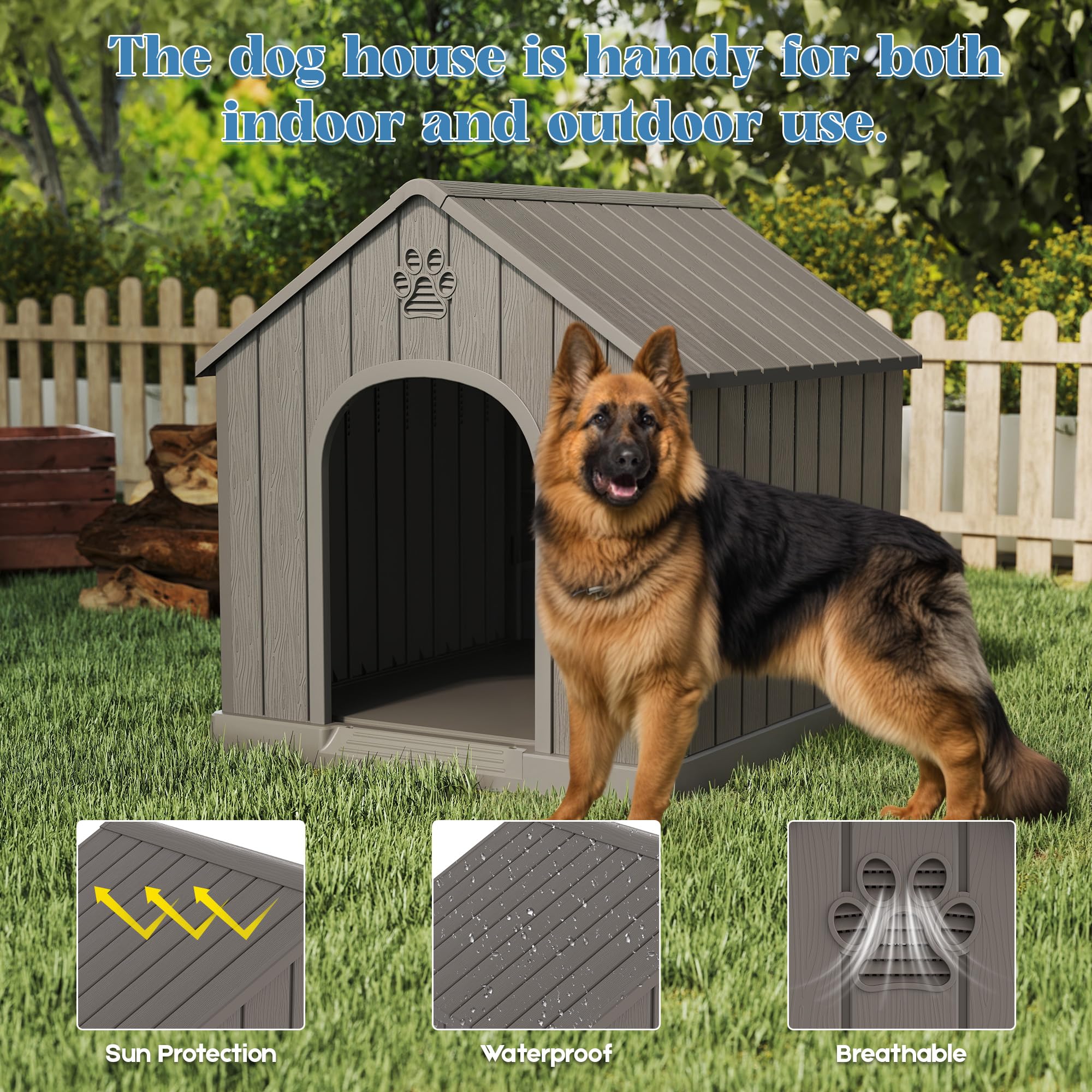 Fancyango Large Dog House Outdoor Indoor for Medium Large Dogs, Durable Plastic Waterproof Doghouse with Air Vents and Elevated