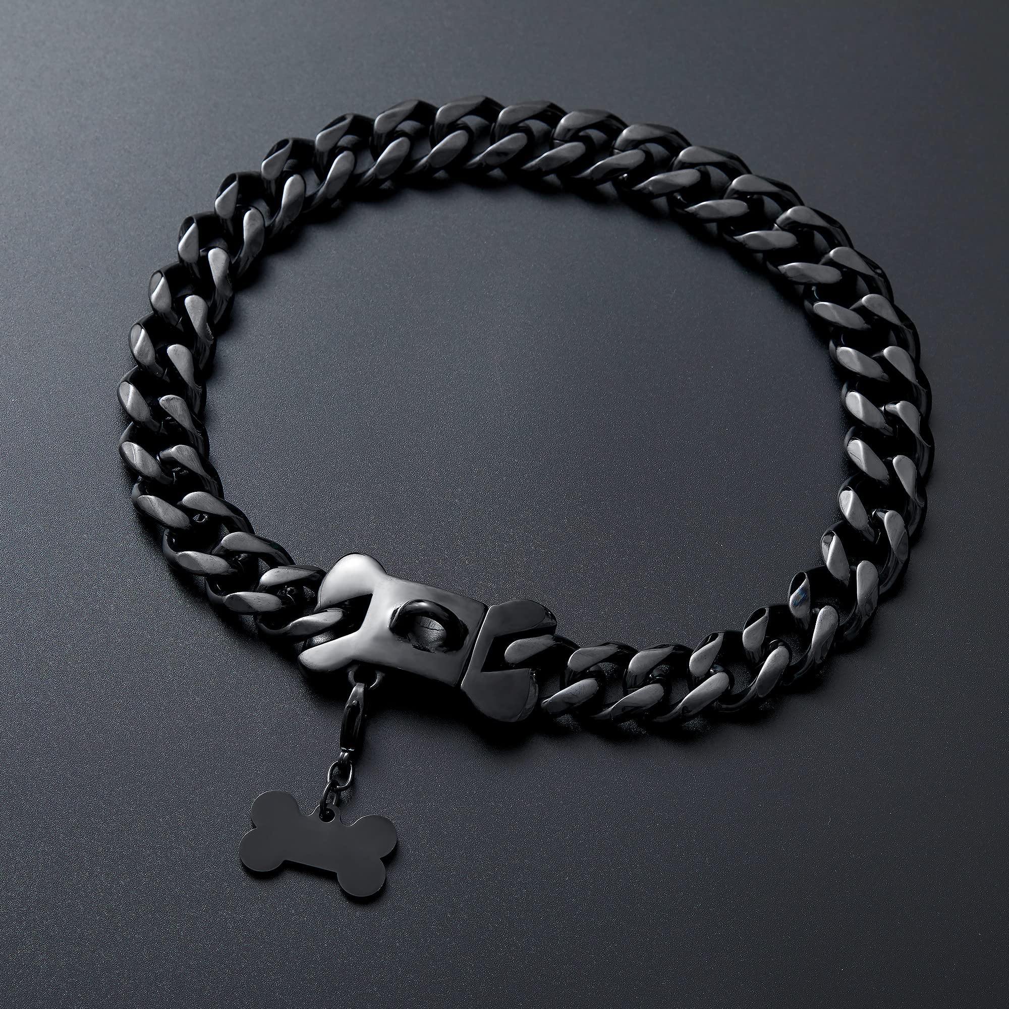 Cuban Black Link Heavy Duty Dog Collar, 10Inch-26Inch Wide Stainless Steel Luxury Dog Id Name Tag Necklace Personalized Collar F