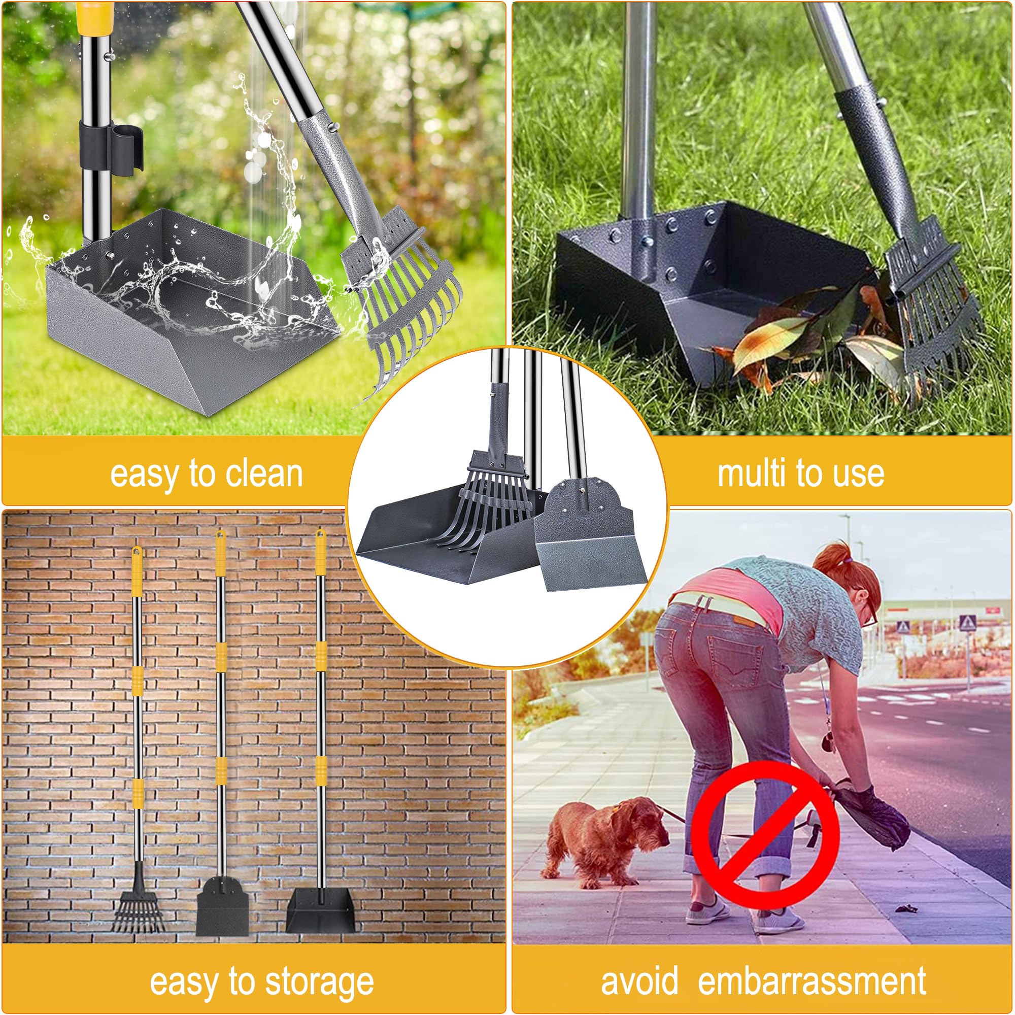 Niubya Pooper Scooper For Dogs, Metal Poop Scooper Tray Spade And Rake Set, Poop Scoop With Adjustable Long Handle, Dog Pooper S