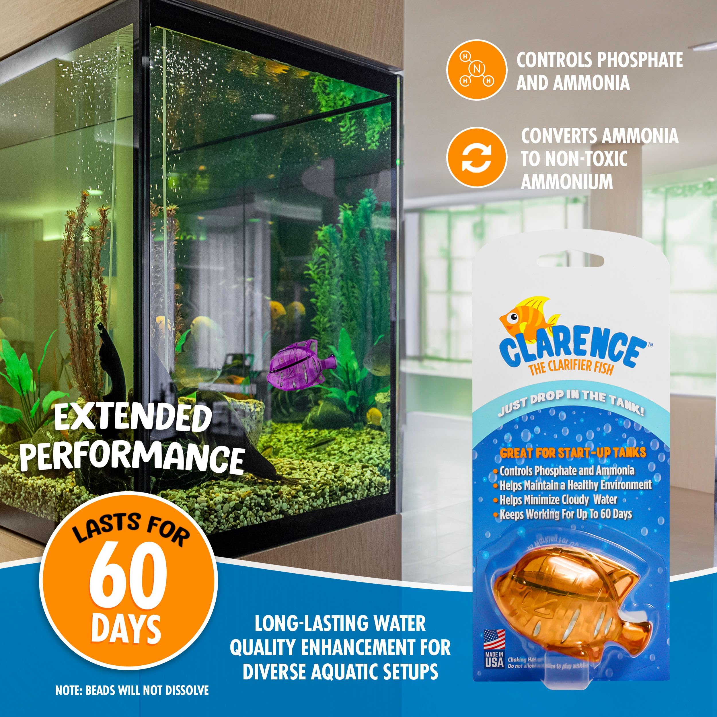 Clarence the Clarifier Fish Aquarium Water Clarifier | Clear Cloudy Fish Tank Water Treatment, Safe for Freshwater & Saltwater F