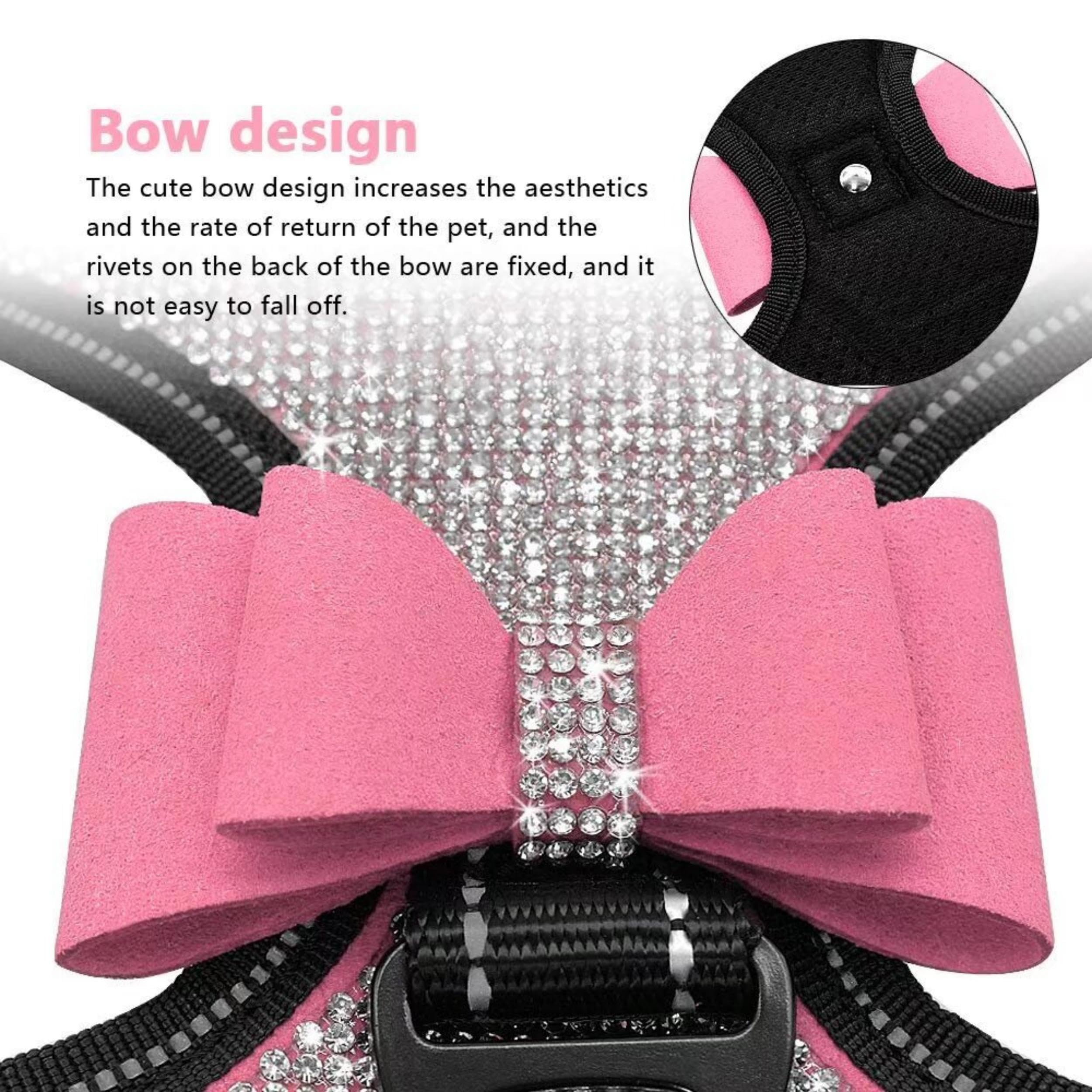 Beirui Rhinestone Dog Harness - Reflective Bling Nylon Vest, Size L, Pink, Suede, with Sparkly Bow Tie for Small to Large Dogs