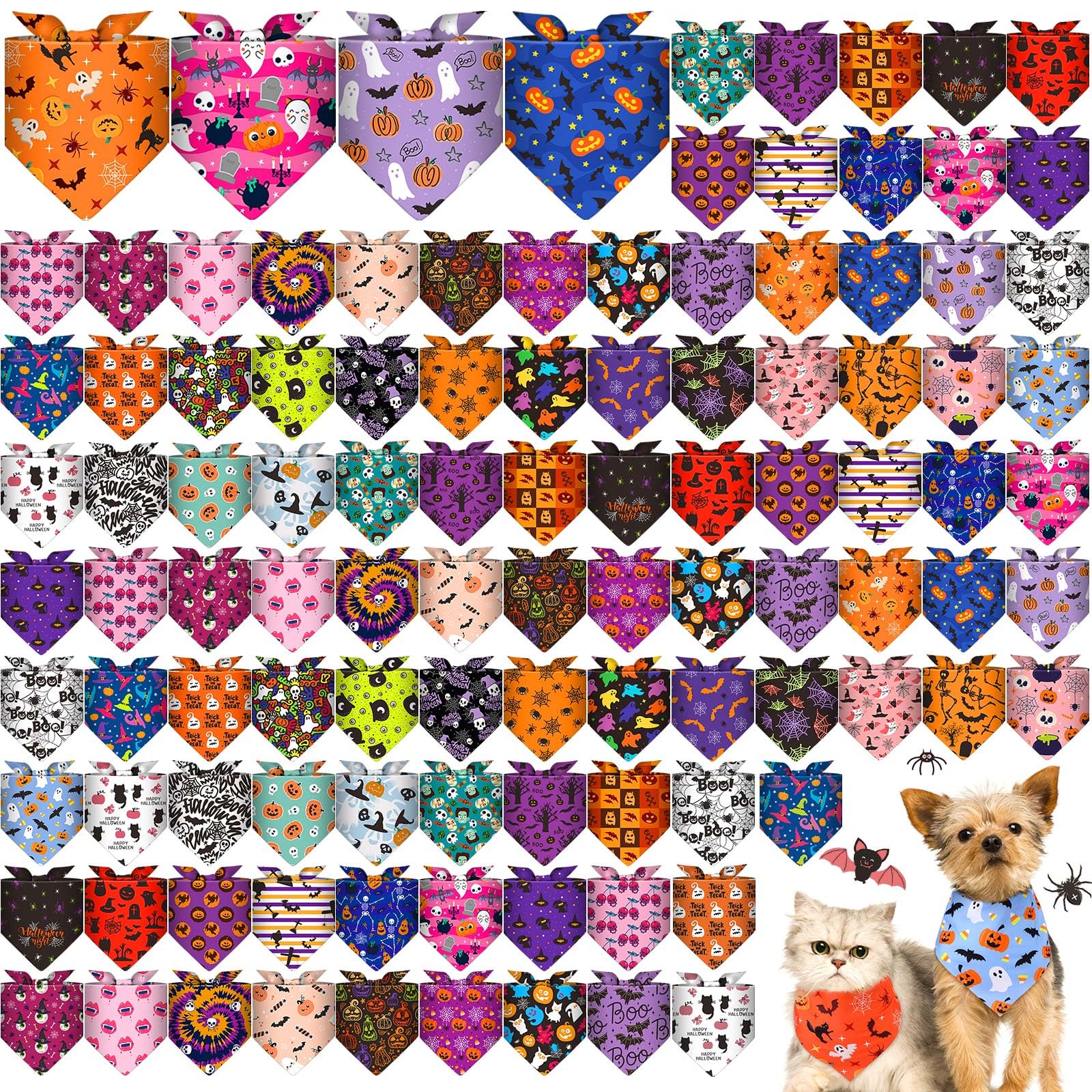 Bulyoou 120 Pcs Halloween Dog Bandanas Bulk Pumpkin Ghosts Skeleton Pet Bandanas Dog Handkerchiefs Halloween Scarf Bibs Triangle