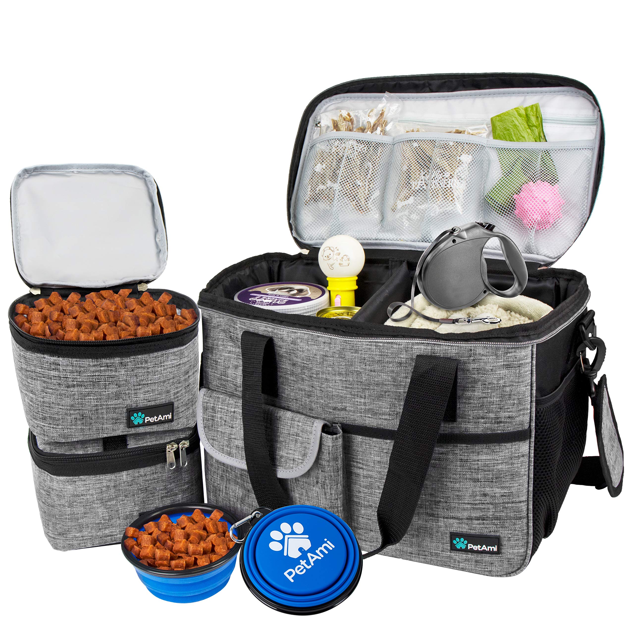 PetAmi Dog Travel Bag - Organizer with Food Container, Bowls & Accessories for Weekend Camping, Cat Diaper Bag (Grey, Medium)