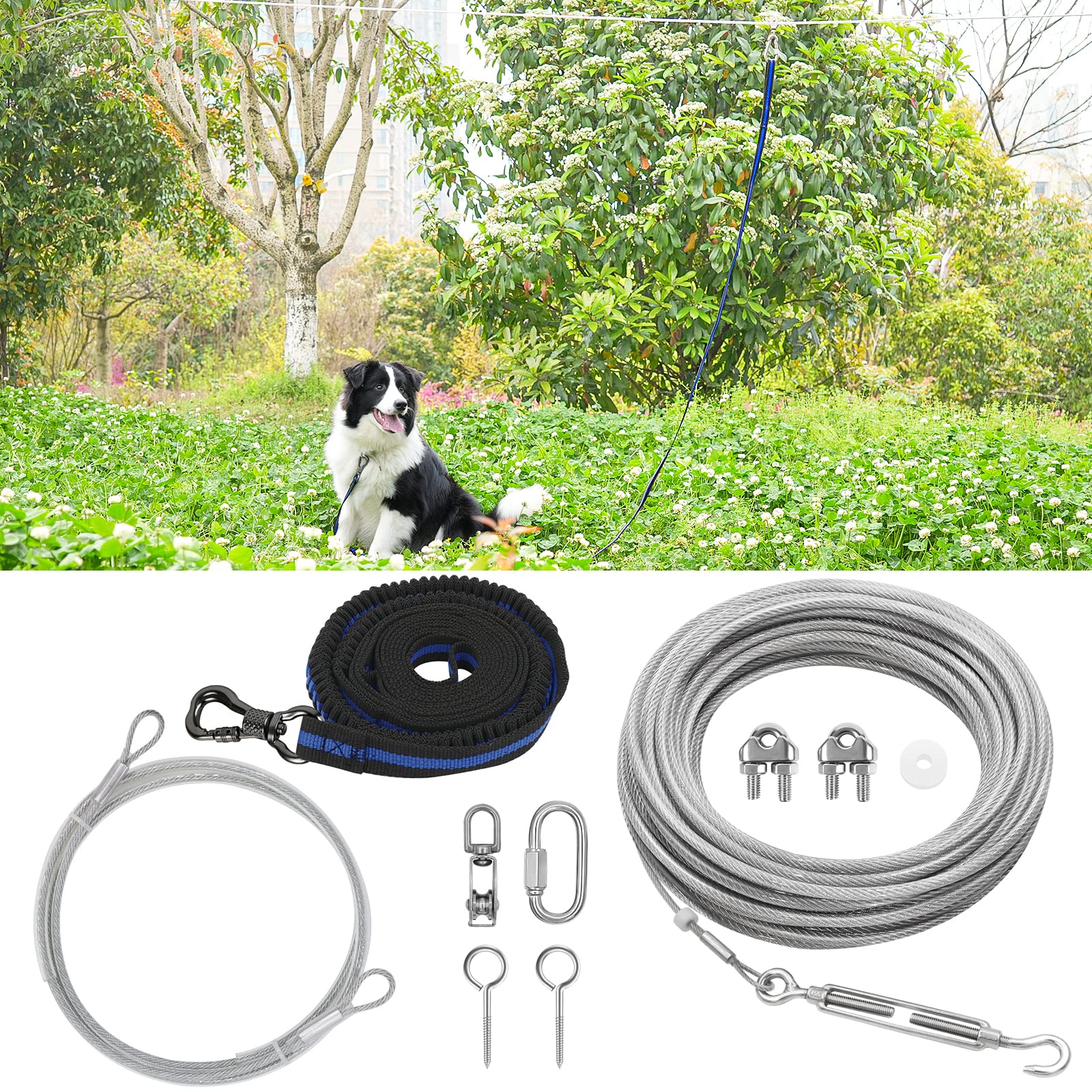 XiaZ Dog Tie Out Cable, 200ft Dog Trolley Runner Cable for Dogs up to 250lbs, Dog Lead for Yard, Camping, Outdoor, with 8 Ft Nyl
