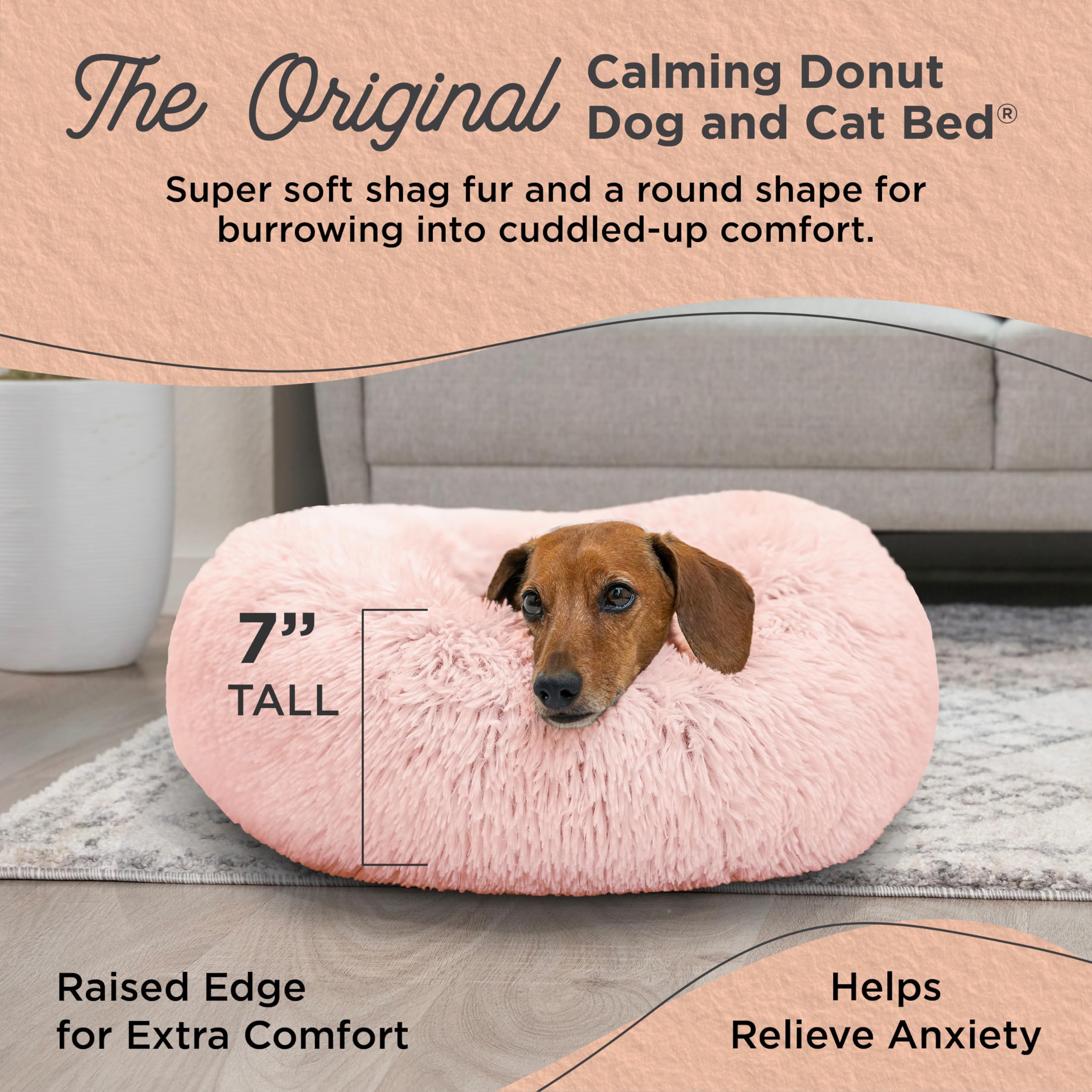 Best Friends By Sheri Original Calming Donut Dog And Cat Bed, Shag Faux Fur, Candy Pink, Small (23X23) - Helps Provide Anxiety R