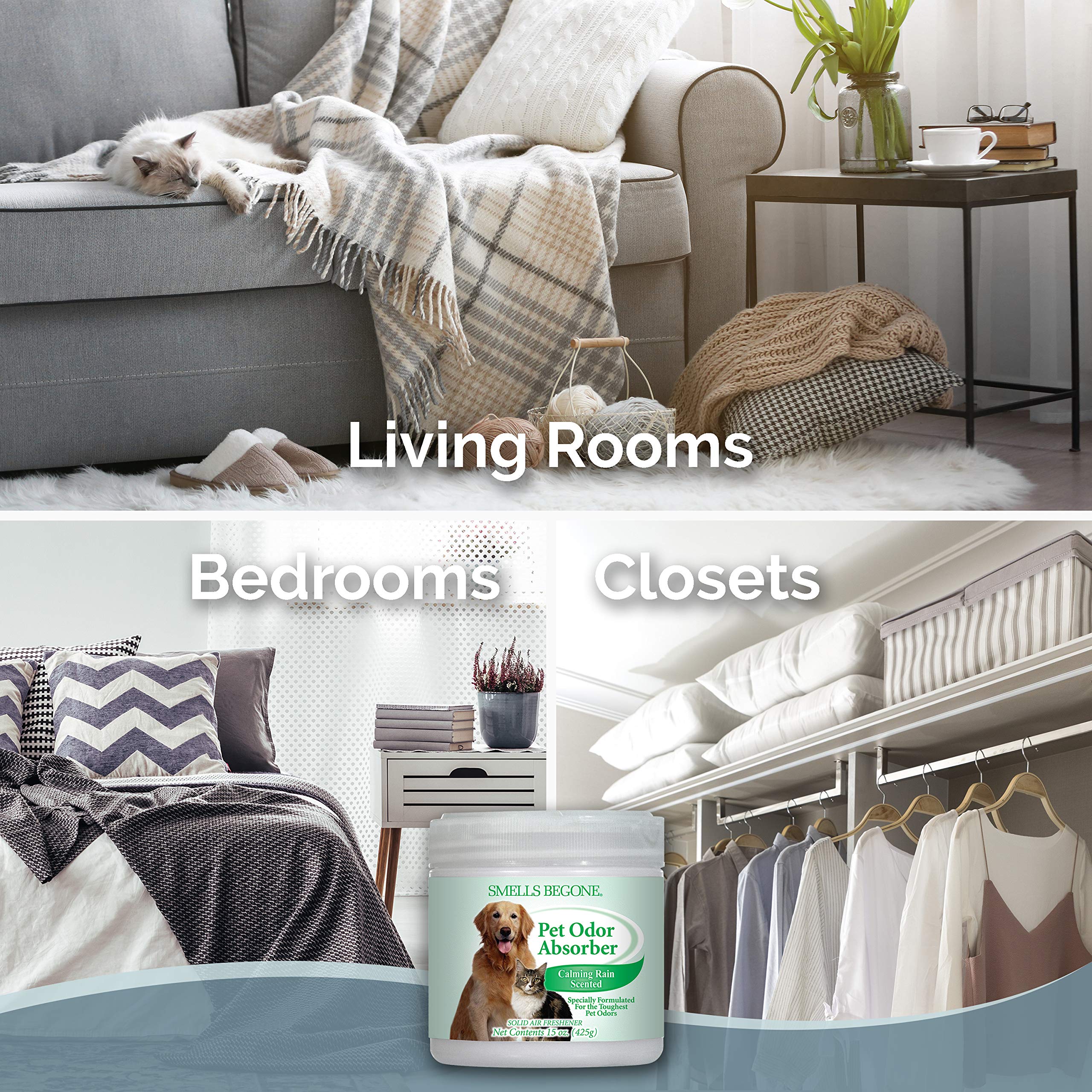 Smells Begone Air Freshener Odor Absorber Gel - 15 Oz, Pack Of 2 - Absorbs And Eliminates Odor In Pet Areas, Bathrooms, Cars, & Boats - Made With Essential Oils - Calming Rain Scent