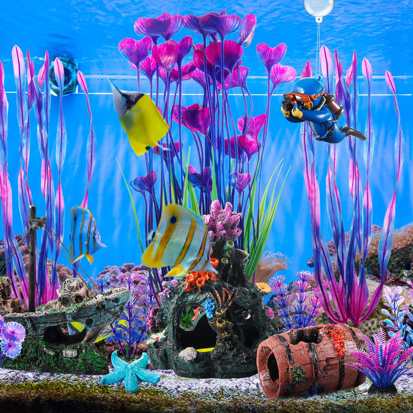 Zeyune 15 Pcs Fish Tank Decorations Mountain Ornament Broken Barrel Sunken Ship Artificial Seaweed Water Plants Colorful Coral R