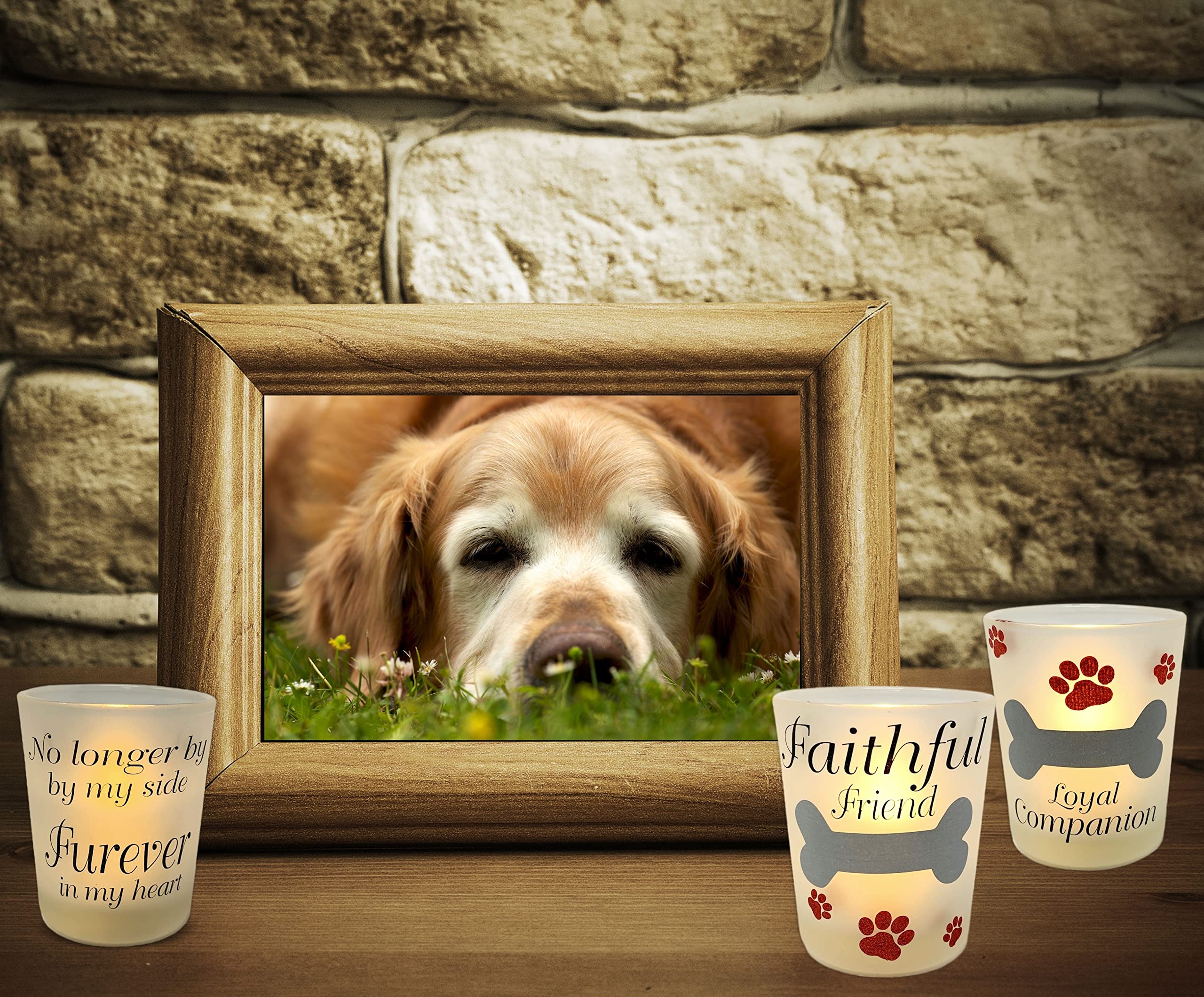 Dog Memorial LED Candle Holder Set of 3 with Pet Memorial Saying - No Longer by My Side Forever in My Heart and Each Includes an