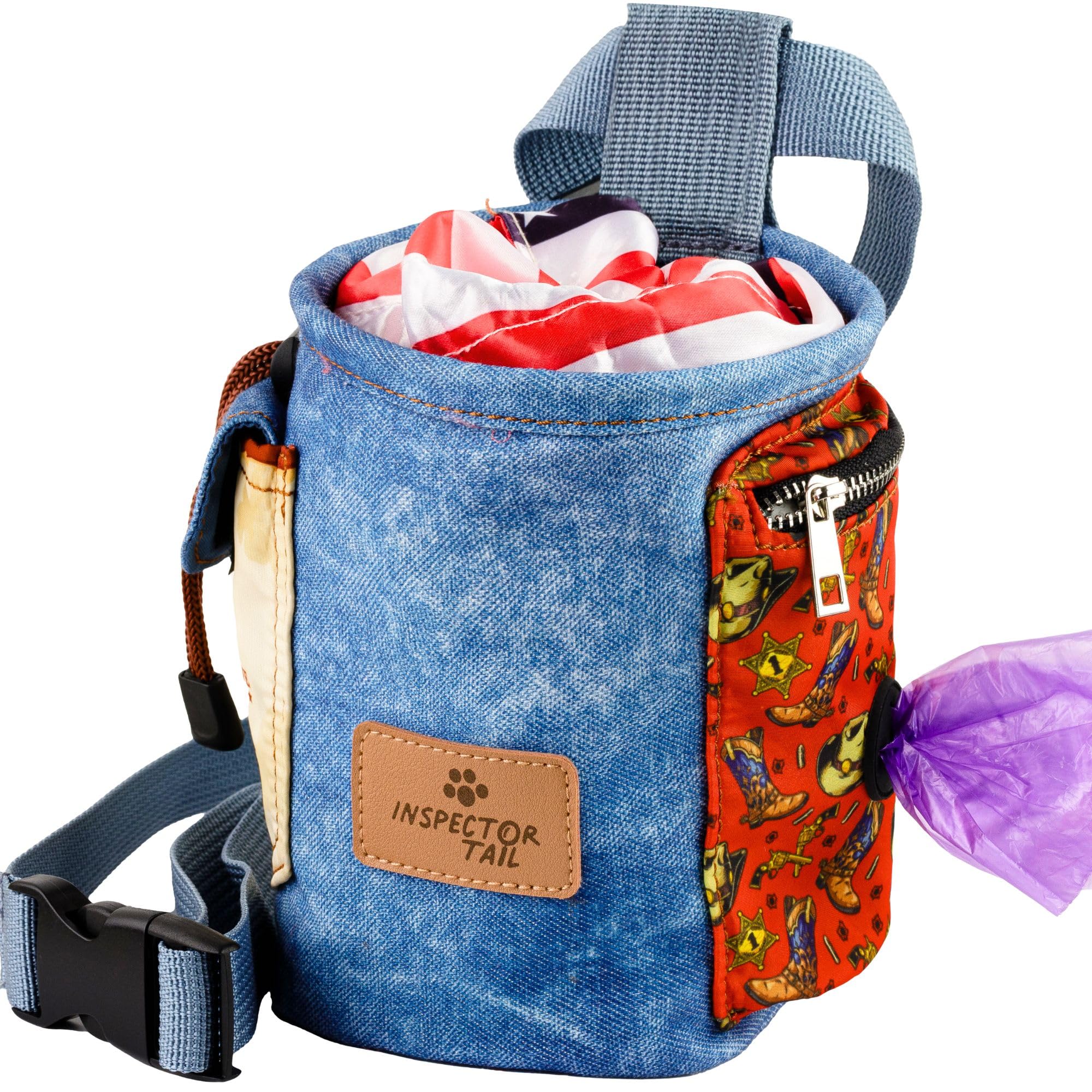 INSPECTOR TAIL Dog Treat Pouch w Belt & Clip - Hands Free | No Spill w Airtight Drawstring Closure | 4 Ways to Wear Training Tot