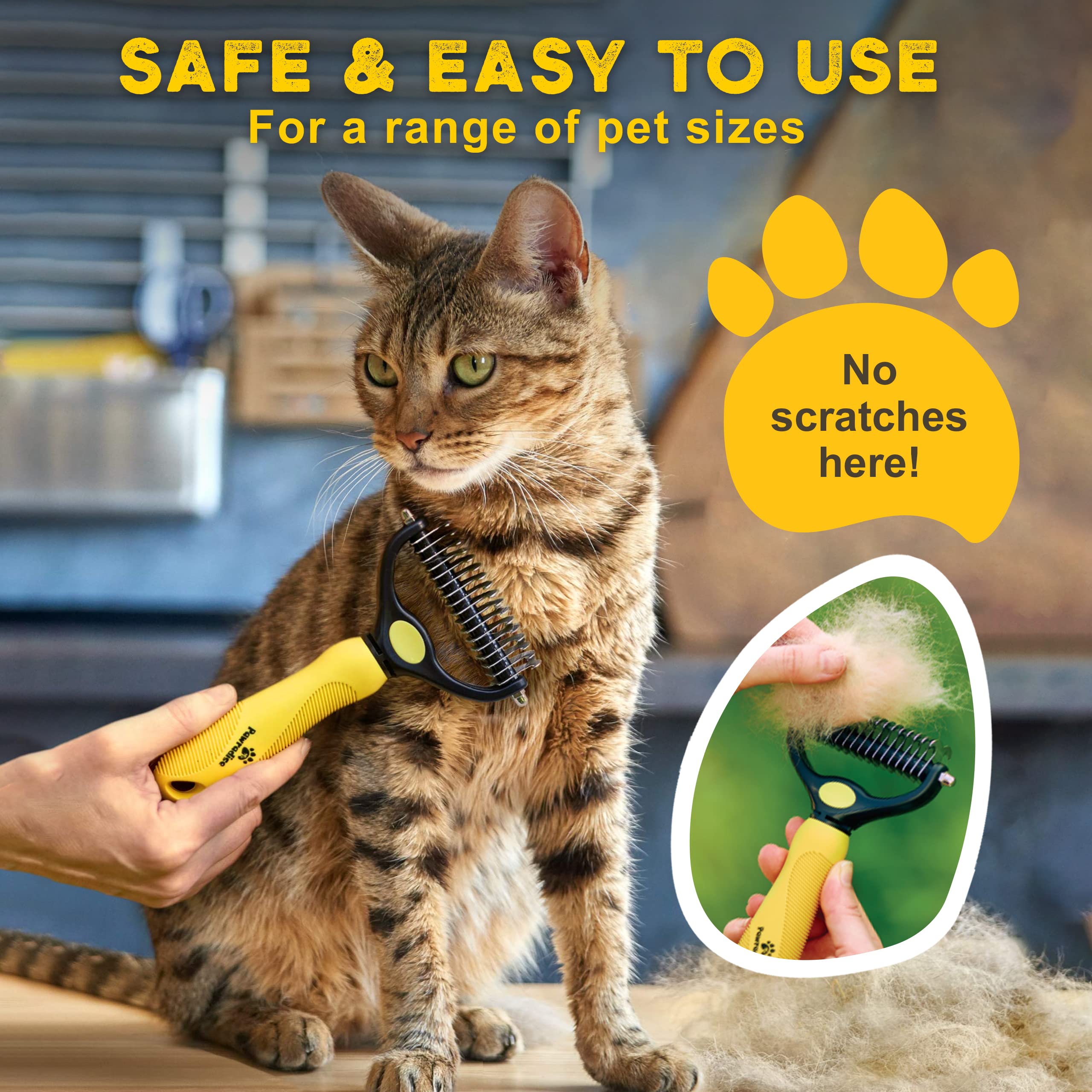 Pawradise Deshedding Dog Brush - Double-Sided Pet Hair Remover For Cats & Dogs - Yellow Undercoat Grooming Rake For Shedding And