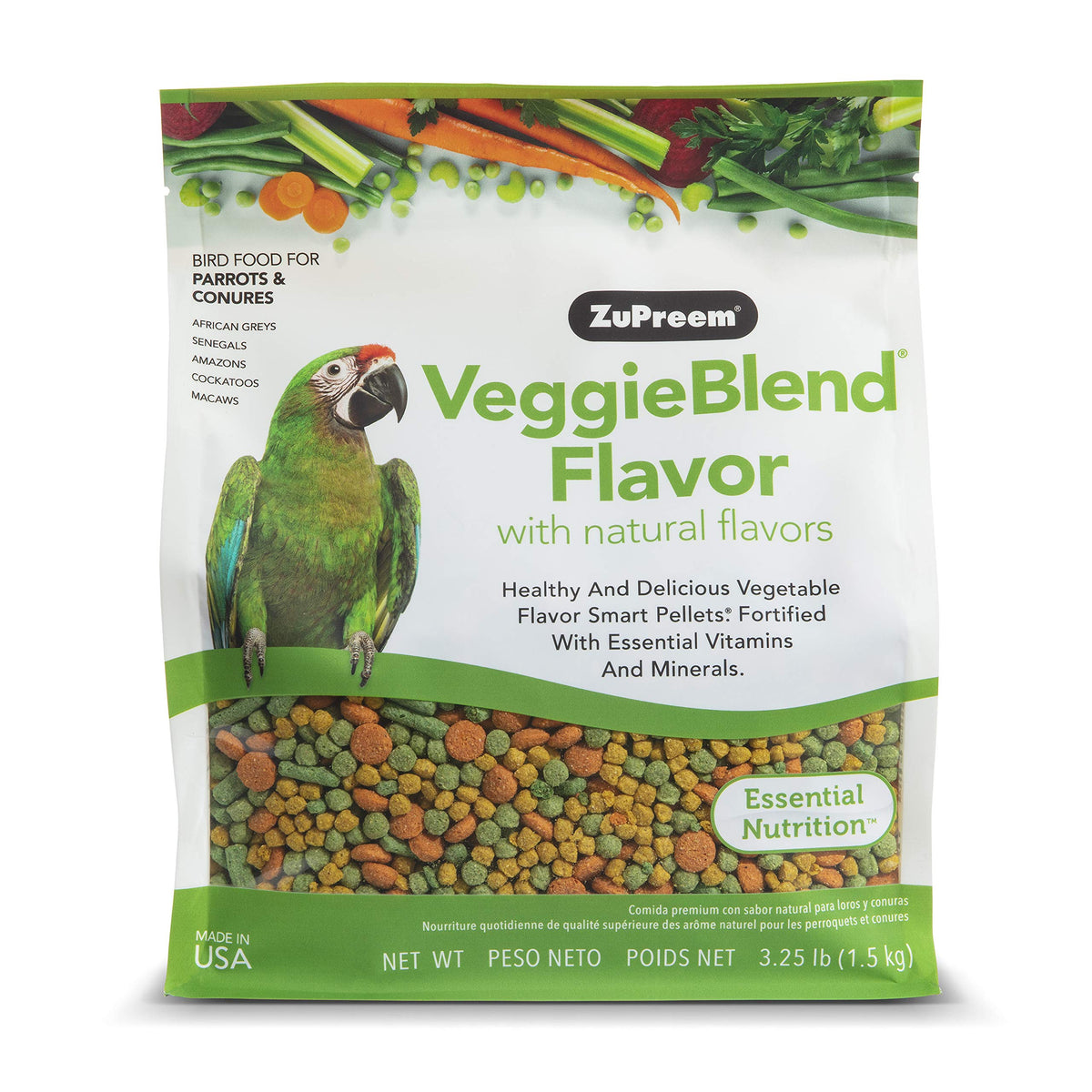 Zupreem Veggieblend Smart Pellets Bird Food For Parrots & Conures, 3.25 Lb Bag - Made In The Usa, Daily Nutrition, Essential Vitamins, Minerals For African Greys, Senegals, Amazons, Eclectus, Cockatoos