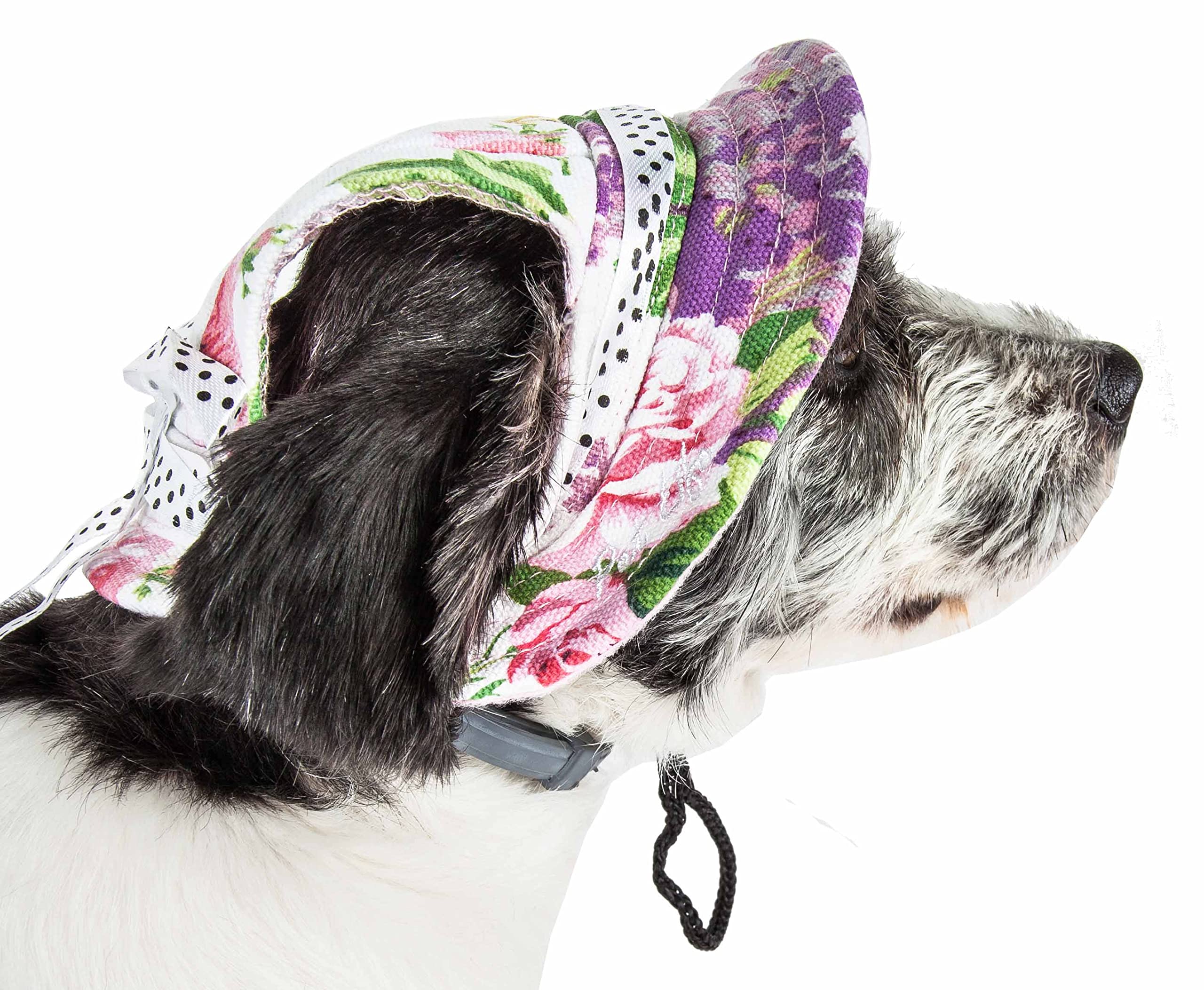 Pet Life ® Botanic Bark Floral Patterned Dog Hat With Uv Coverage Protection - Provides More Shade Than A Dog Banadana - Features Ear Holes And Adjustable Jaw-Strings - Great Worn With Dog Clothes