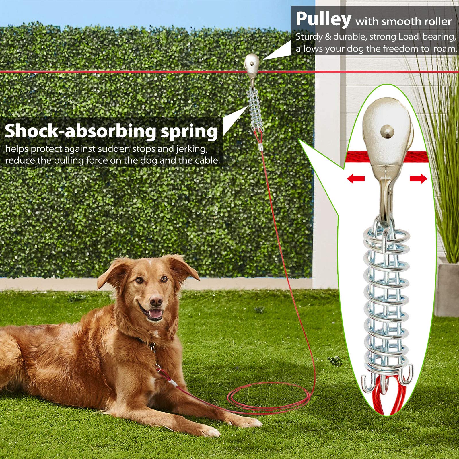 Pestairs Heavy Duty Dog Tie Out Trolley System - 100ft Cable for Dogs up to 125 lbs, Red, Model PR-01