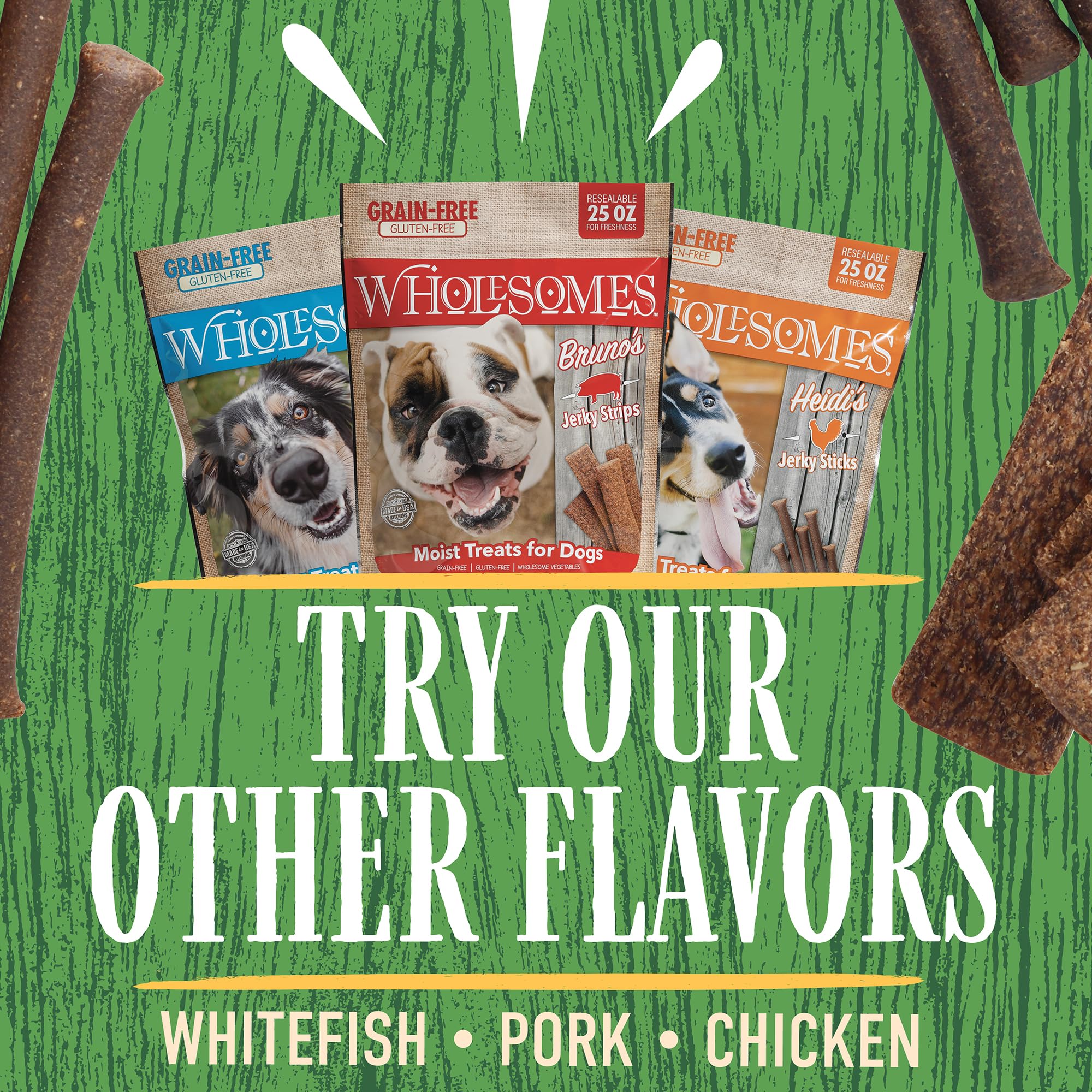 Wholesomes Tanks Jerky Sticks Grain Free Dog Treats, 25 oz, Green