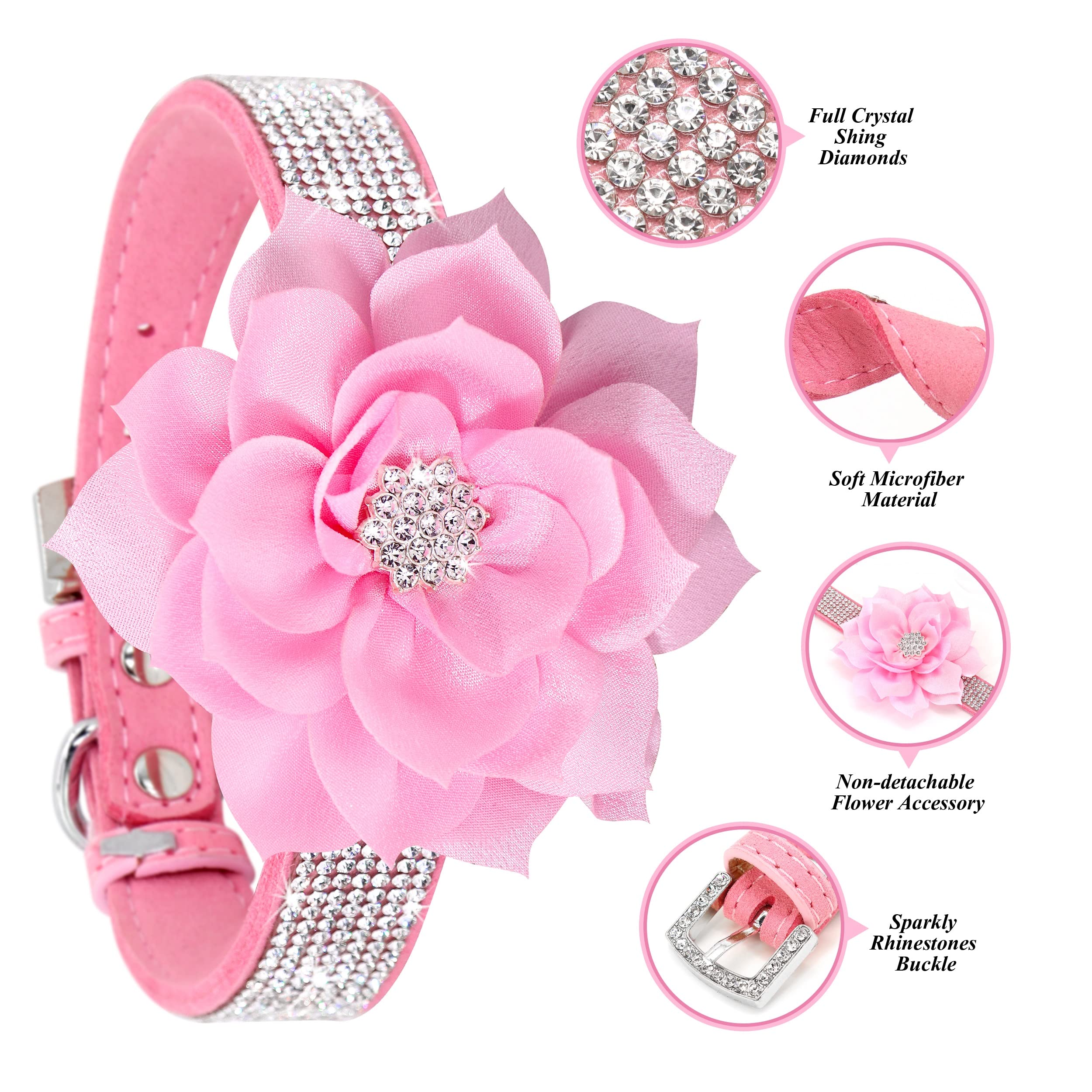 Pet Artist Cute Girl Rhinestone Suede Dog Collars For Small Dogs Cats,Soft Flower Dog Collar,Bling Dog Collars For Small Puppy Dogs Pink Collar, M:Neck 12-14.5'(31-37Cm)