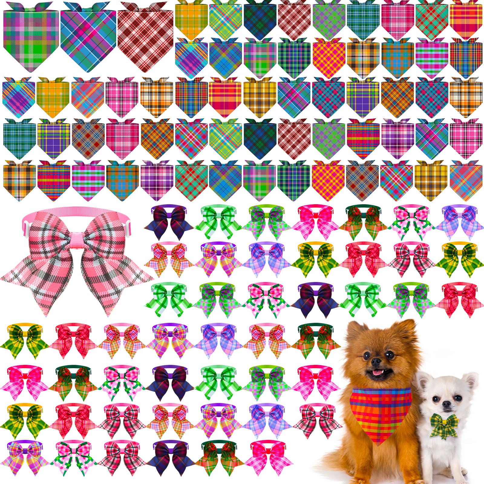 Sanwuta 108 Pcs Dog Bandanas Bulk for Summer Soft Breathable Dog Stripe Plaid Patterns Ties Adjustable Pet Collar Bowtie Triangl